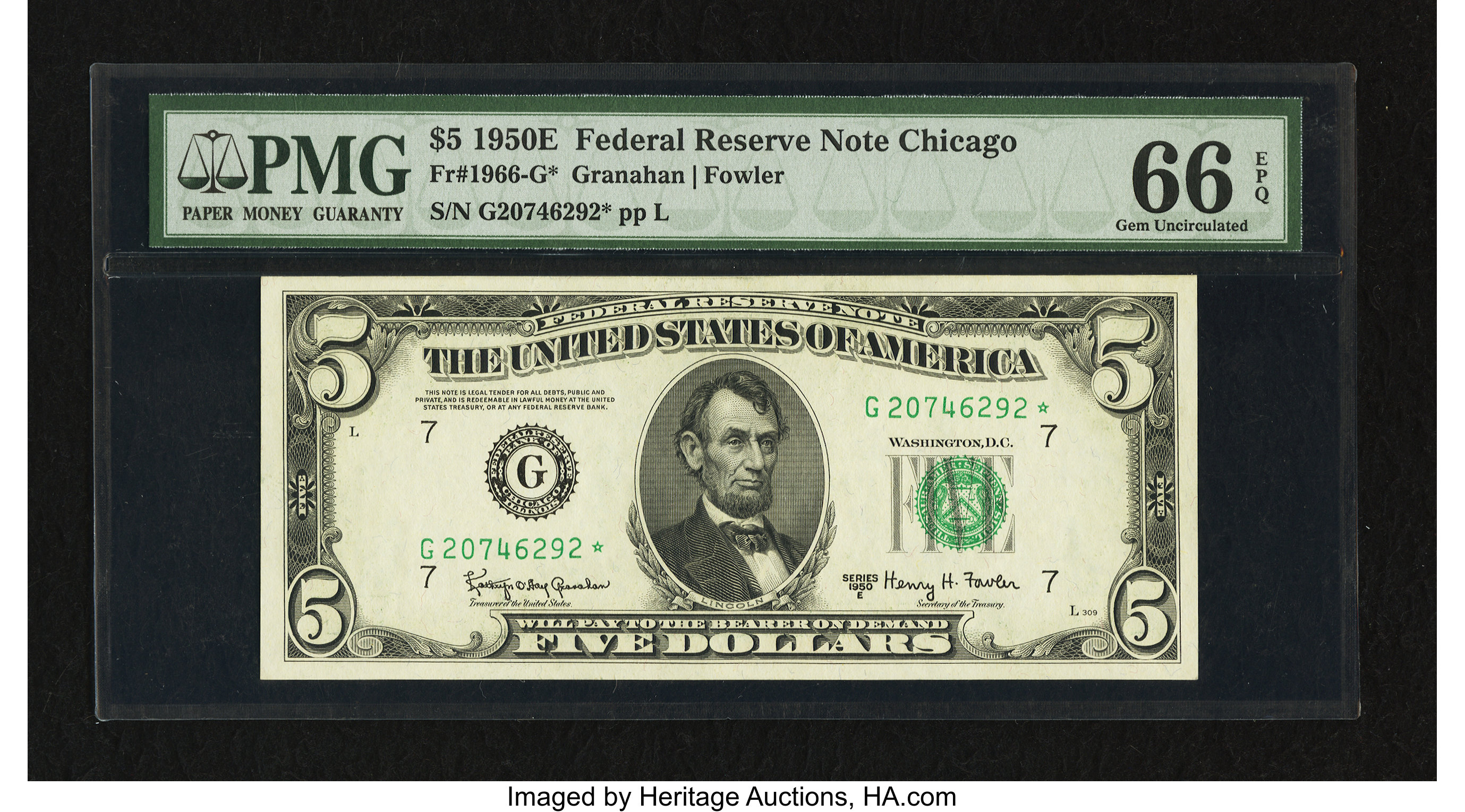 image for: Fr. 1966-G* $5 1950E Federal Reserve Star Note. PMG Gem Uncirculated 66 EPQ....