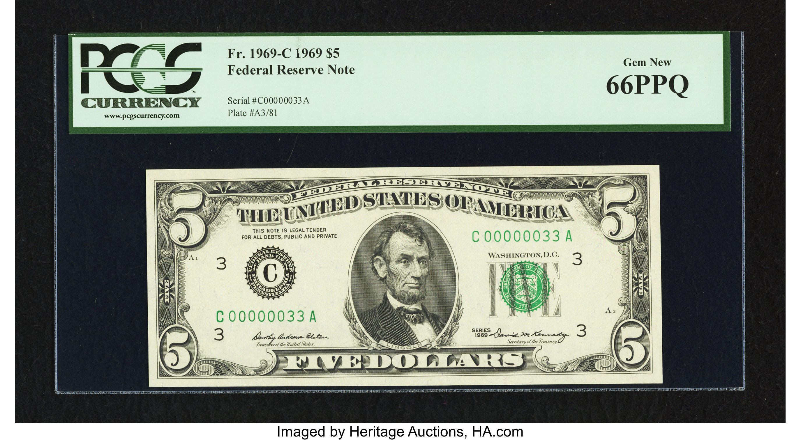 image for: Fr. 1969-C $5 1969 Federal Reserve Note. PCGS Gem New 66PPQ....