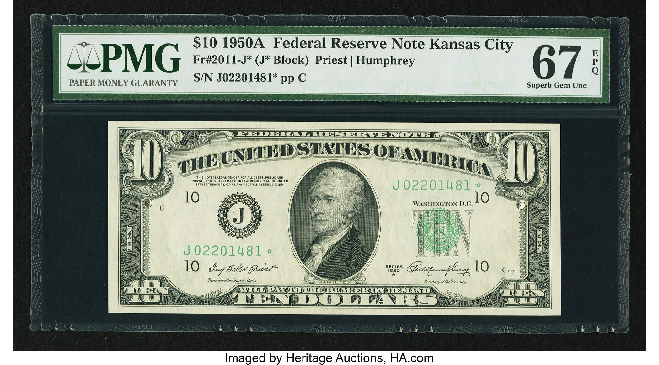 image for: Fr. 2011-J* $10 1950A Federal Reserve Star Note. PMG Superb Gem Unc 67 EPQ....