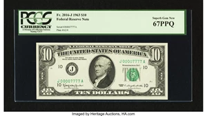 image for: Low Serial Number J00007777A Fr. 2016-J $10 1963 Federal Reserve Note. PCGS Superb Gem New 67PPQ....