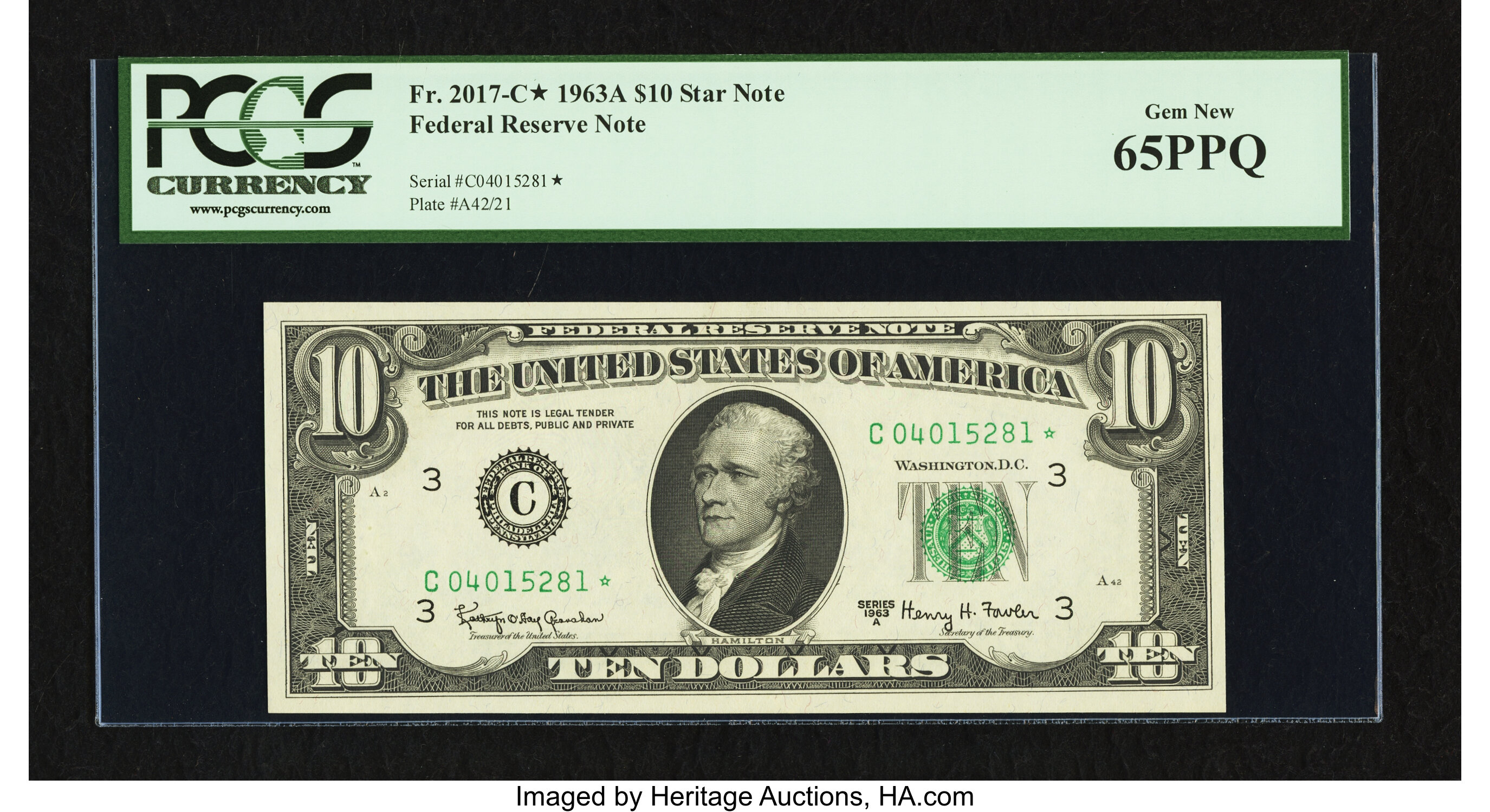 image for: Fr. 2017-C* $10 1963A Federal Reserve Note. PCGS Gem New 65PPQ....