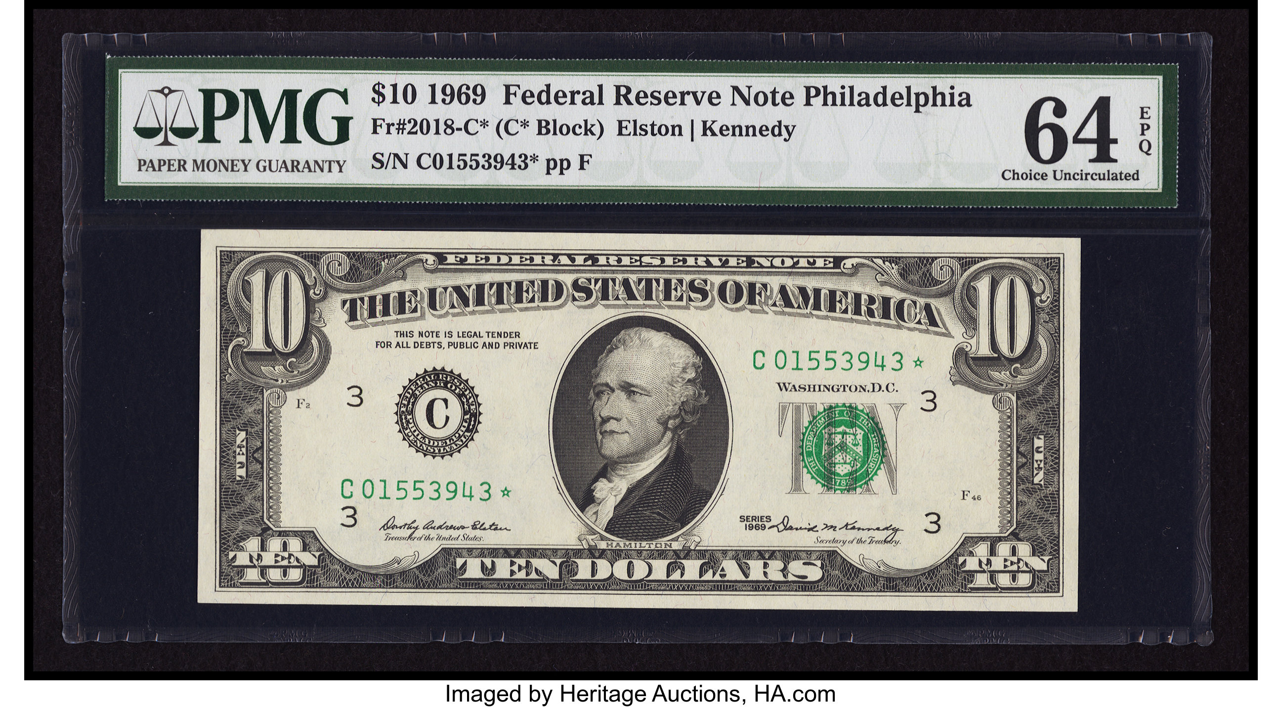image for: Fr. 2018-C* $10 1969 Federal Reserve Note. PMG Choice Uncirculated 64 EPQ....