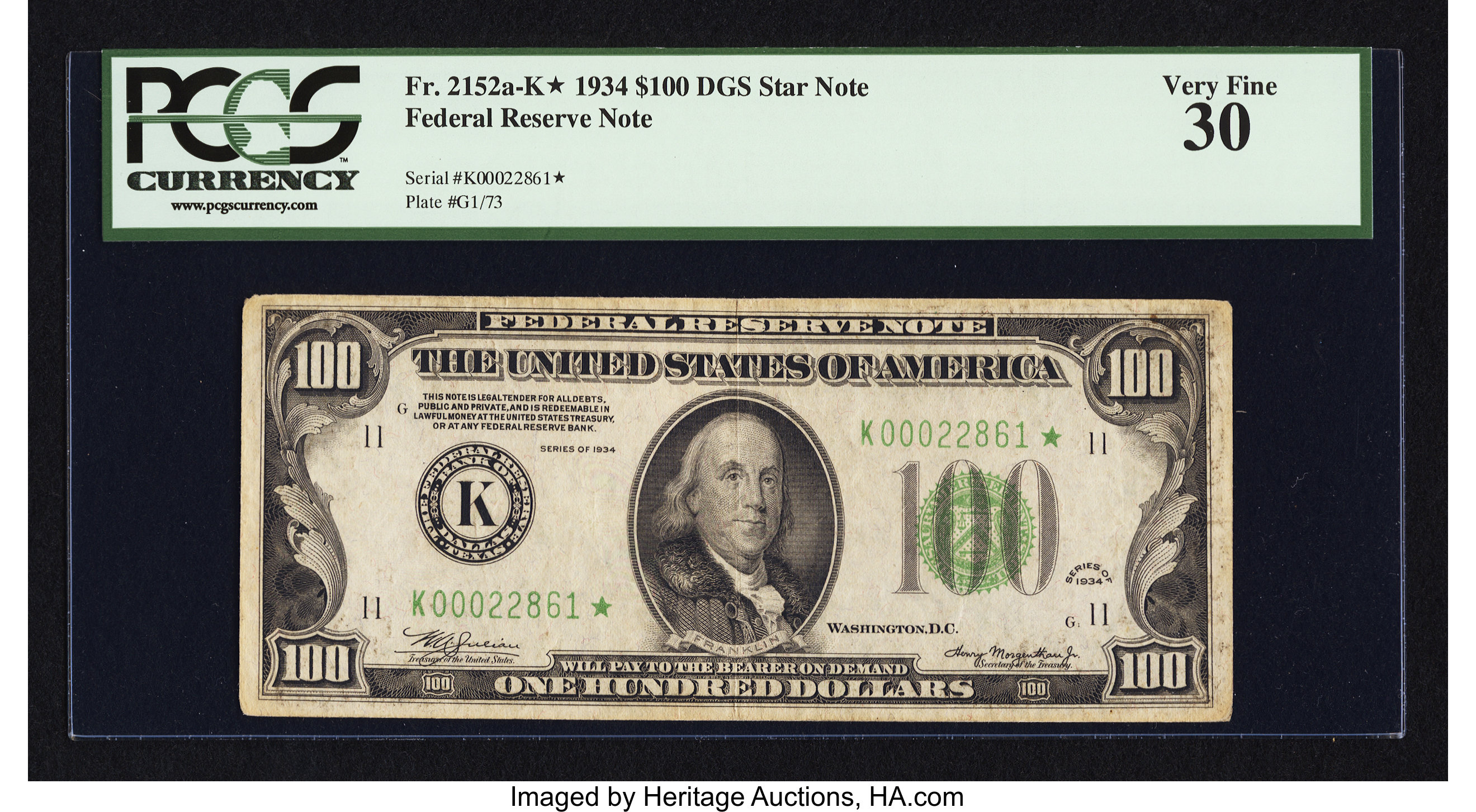 image for: Fr. 2152-K* $100 1934 Federal Reserve Note. PCGS Very Fine 30....