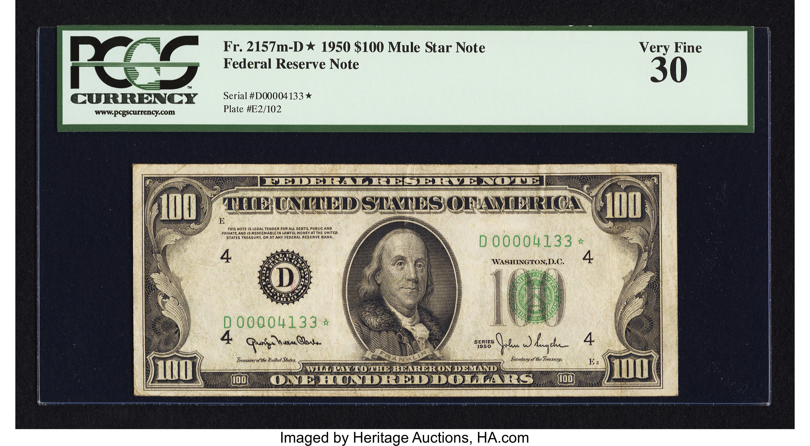 image for: Fr. 2157-D* $100 1950 Mule Federal Reserve Note. PCGS Very Fine 30....