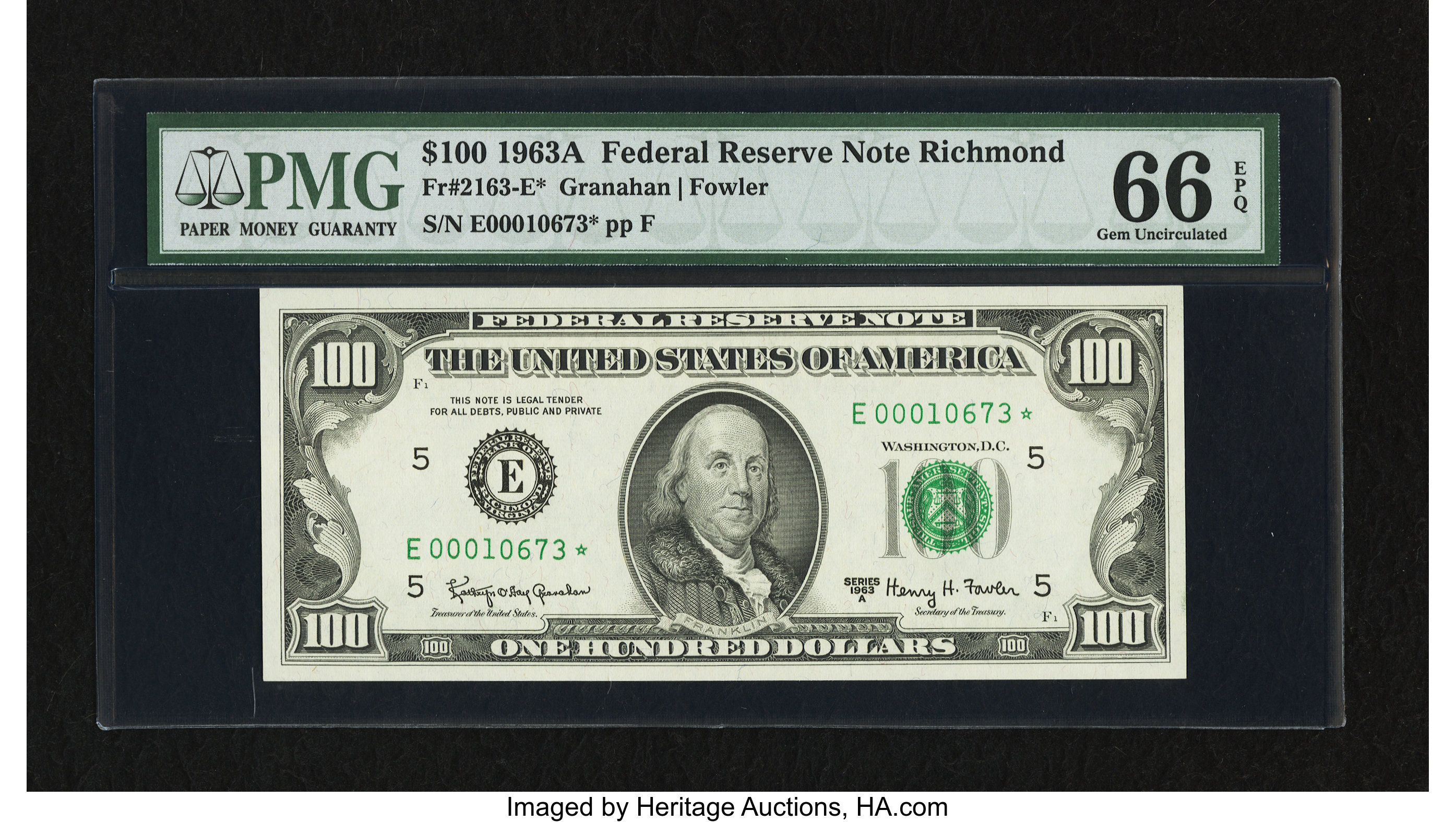 image for: Fr. 2163-E* $100 1963A Federal Reserve Star Note. PMG Gem Uncirculated 66 EPQ....