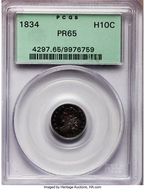 image for: 1834 H10C PR65 PCGS. V-4, LM-4, R.6 in proof format....