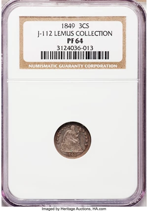 image for: 1849 P3CS Three Cent Silver, Judd-112 Original, Pollock-126, Low R.7, PR64 NGC....