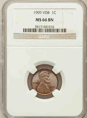 image for: 1909 VDB 1C MS66 Brown NGC. NGC Census: (26/1). PCGS Population (10/0). Mintage: 27,995,000. Numismedia Wsl. Price for prob...