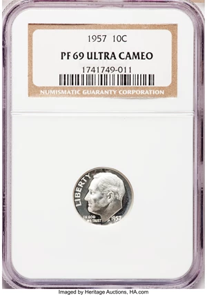 image for: 1957 10C PR69 Ultra Cameo NGC. NGC Census: (16/0). PCGS Population (3/0). Numismedia Wsl. Price for problem free NGC/PCGS ...
