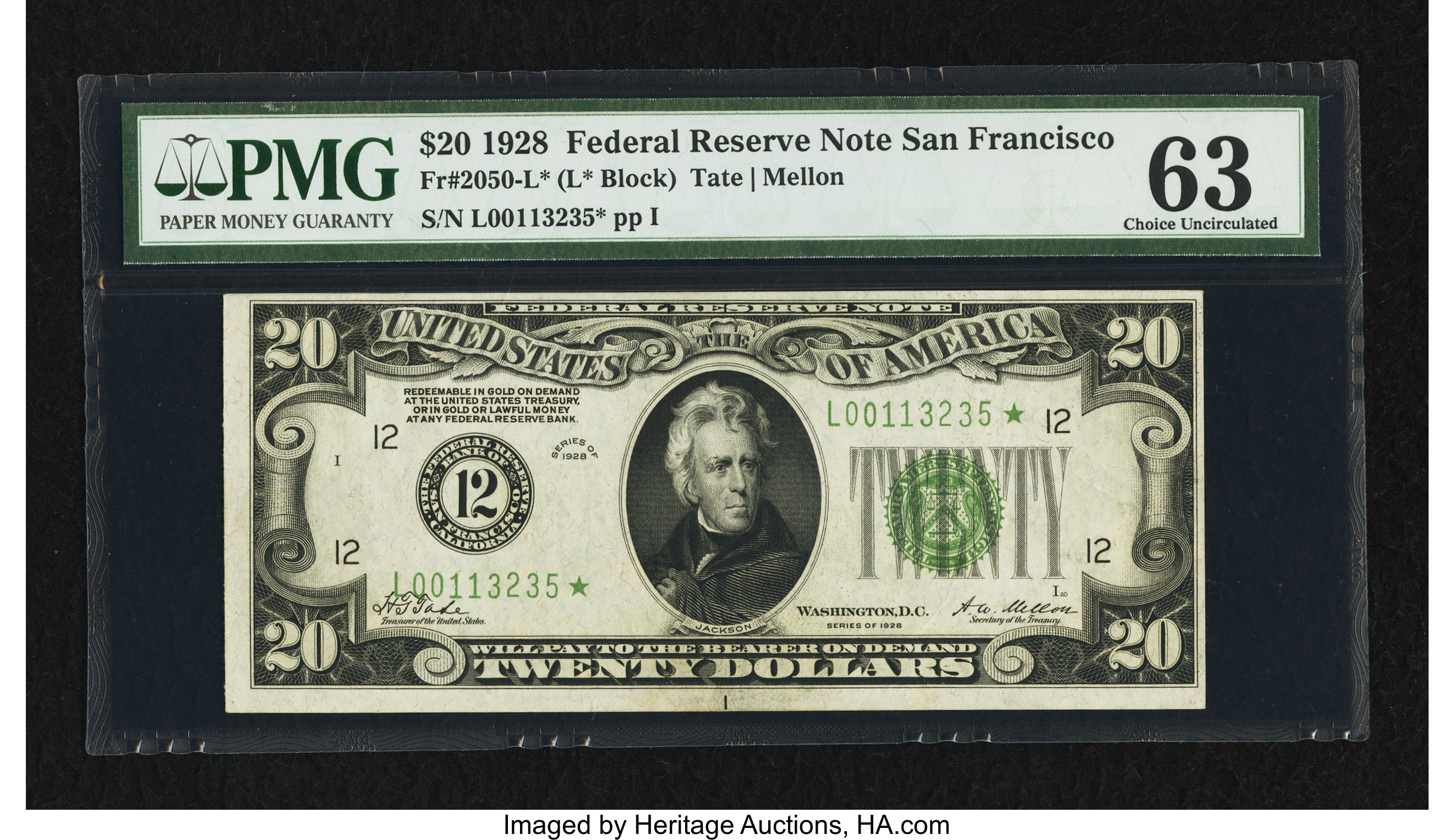 image for: Fr. 2050-L* $20 1928 Federal Reserve Note. PMG Choice Uncirculated 63....