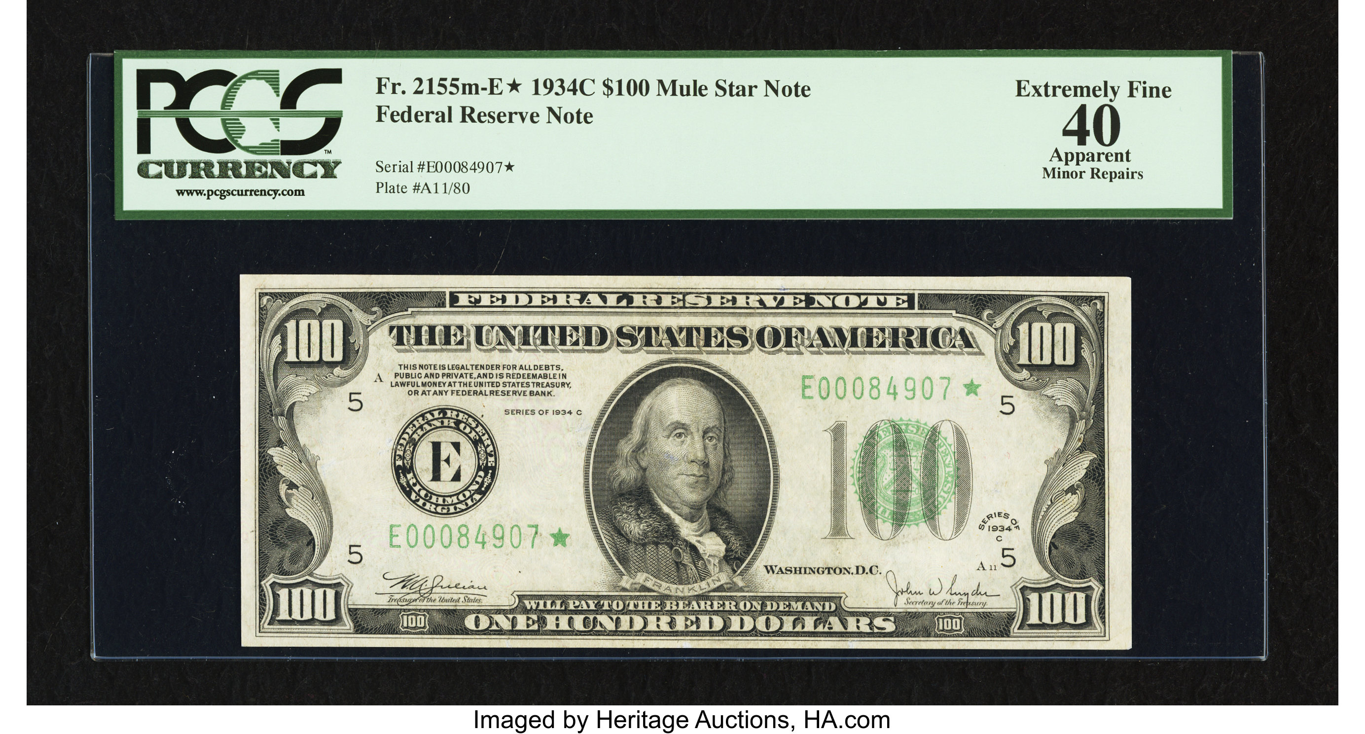 image for: Fr. 2155-E* $100 1934C Mule Federal Reserve Note. PCGS Apparent Extremely Fine 40....