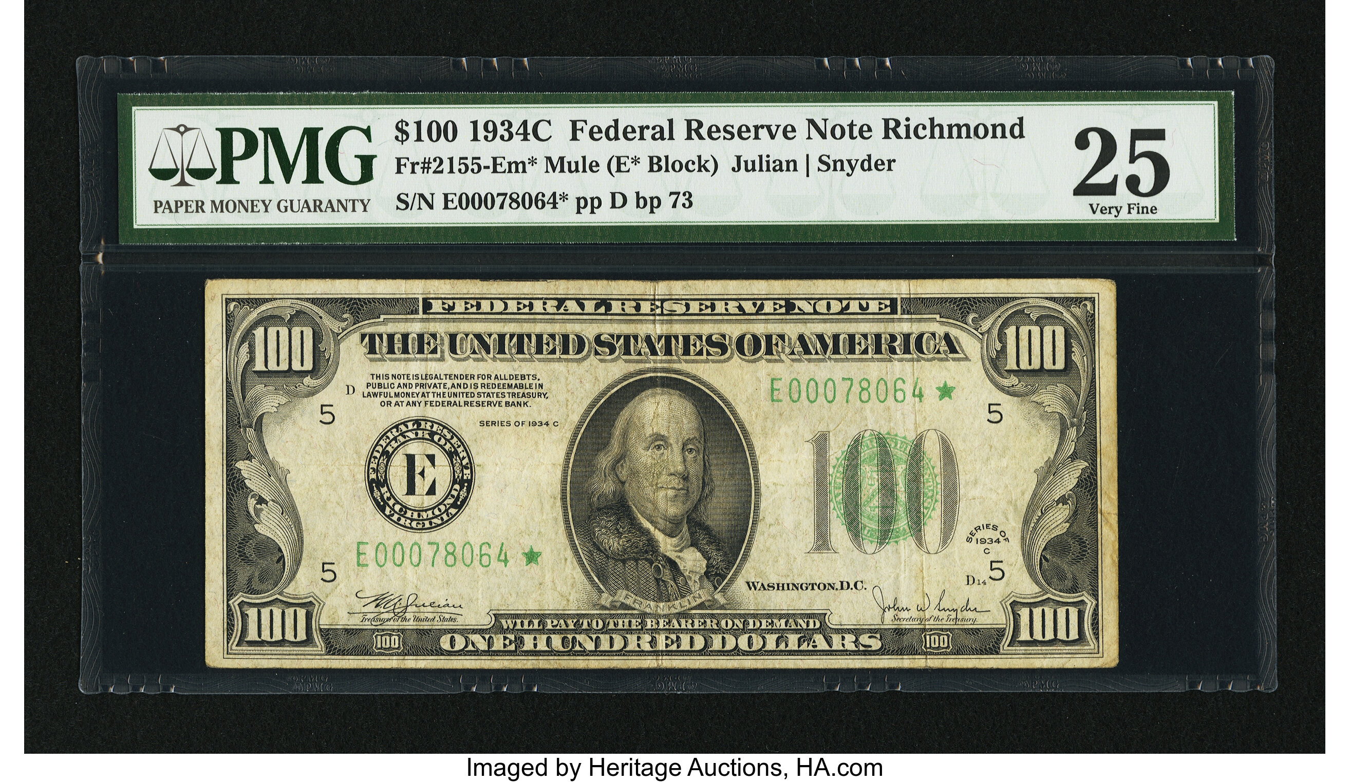 image for: Fr. 2155-E* $100 1934C Mule Federal Reserve Note. PMG Very Fine 25....