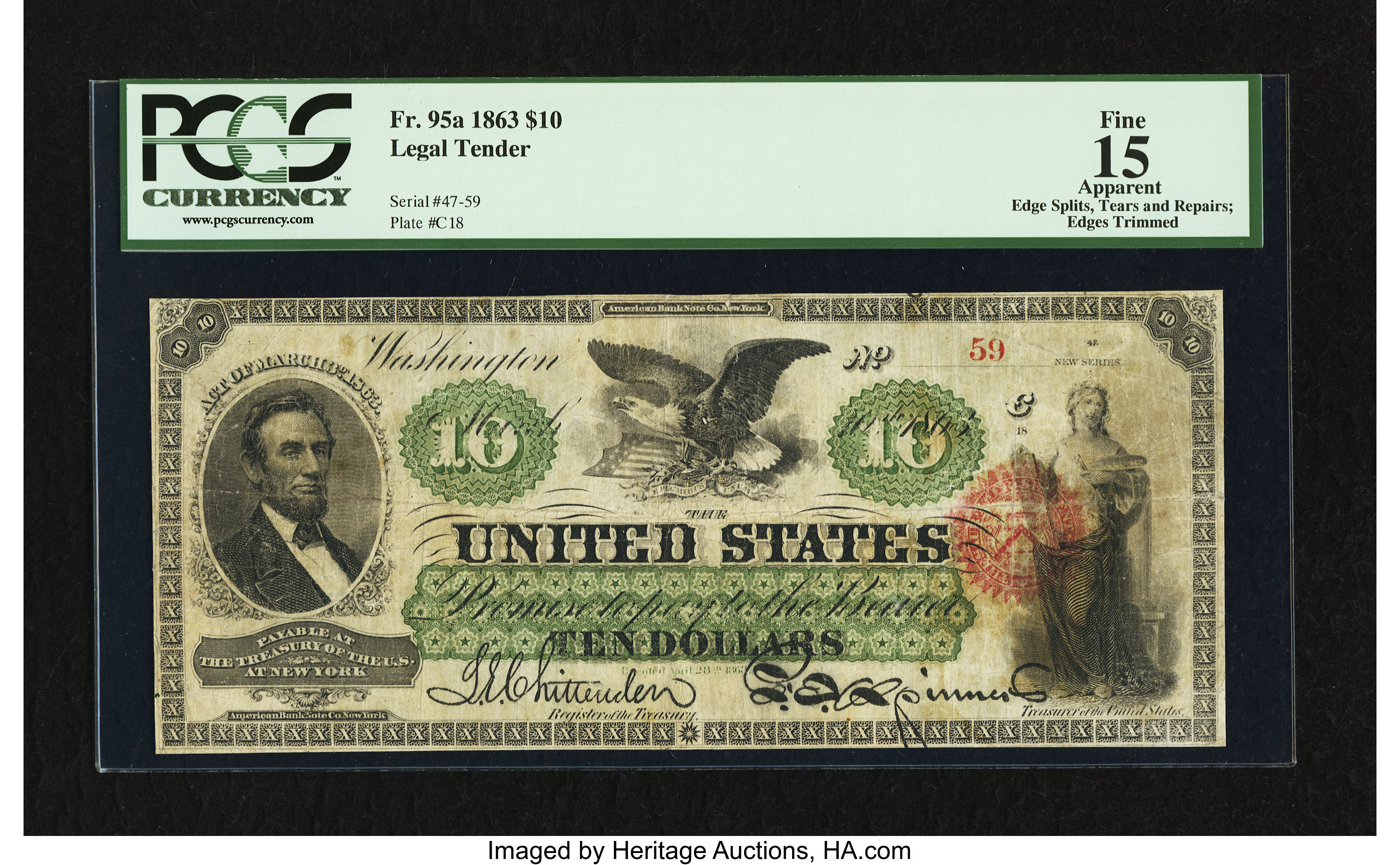image for: Fr. 95a $10 1863 Legal Tender PCGS Fine 15....
