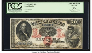 image for: Fr. 152 $50 1874 Legal Tender PCGS Apparent Very Fine 25....