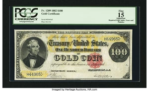 image for: Fr. 1209 $100 1882 Gold Certificate PCGS Apparent Fine 15....