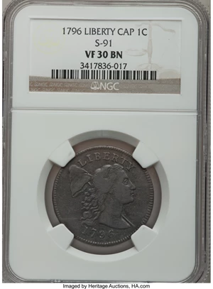 image for: 1796 1C Liberty Cap VF30 NGC. S-91, B-1, R.3....