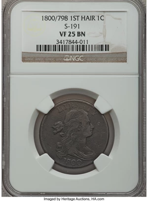 image for: 1800/1798 1C First Hair Style VF25 NGC. S-191, B-2, R.3....