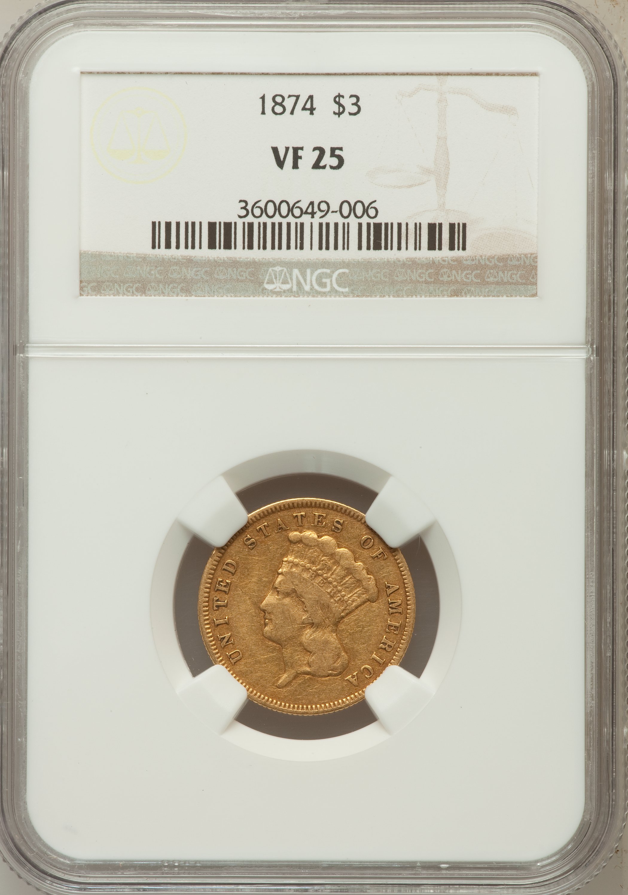 1874 $3 VF25 NGC. NGC Census: (6/2540). PCGS Population (4/2087). Mintage: 41,800. Numismedia Wsl. Price for problem free N...