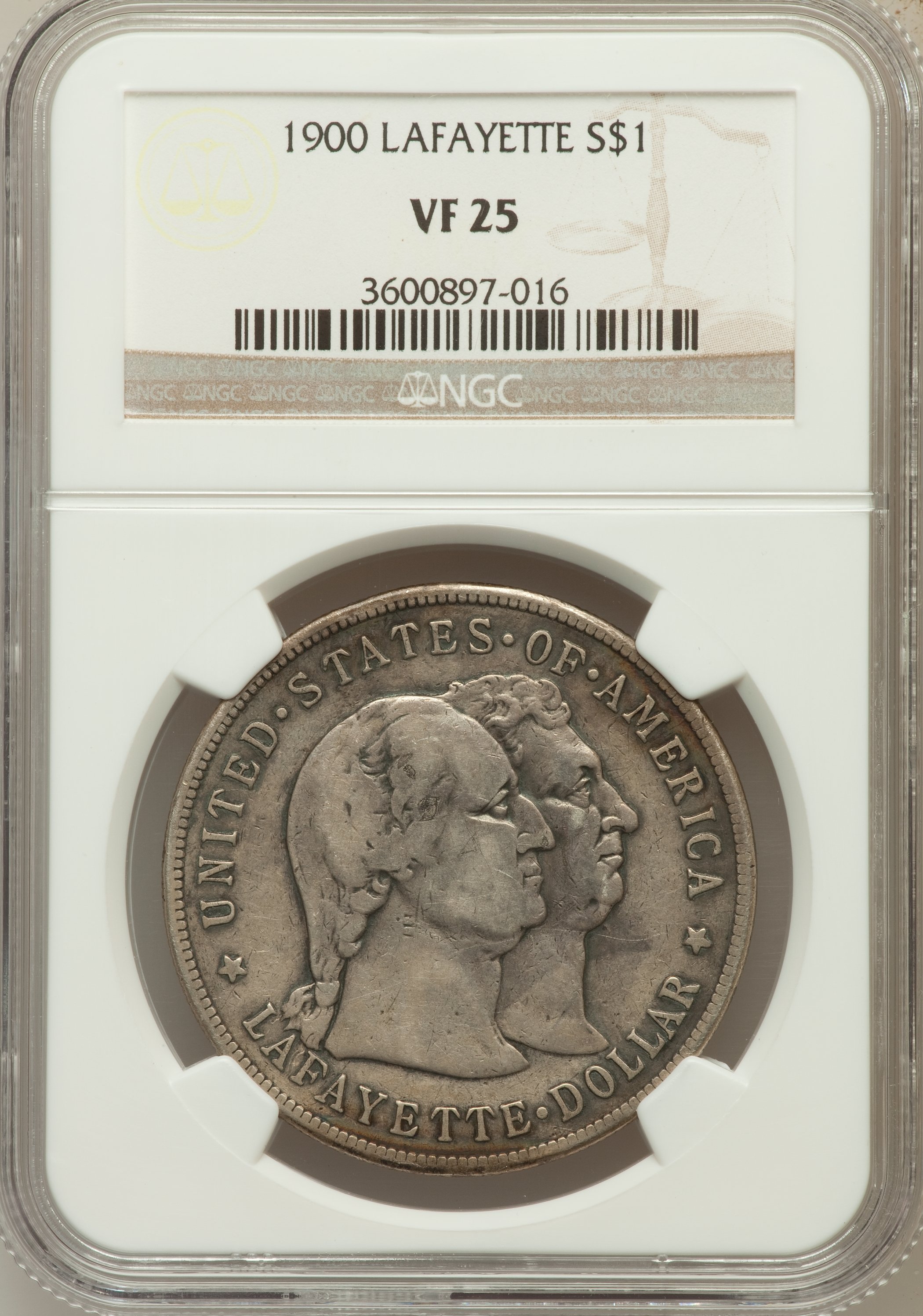 1900 $1 Lafayette Dollar VF25 NGC. NGC Census: (5/2356). PCGS Population (2/3187). Mintage: 36,026. Numismedia Wsl. Price f...
