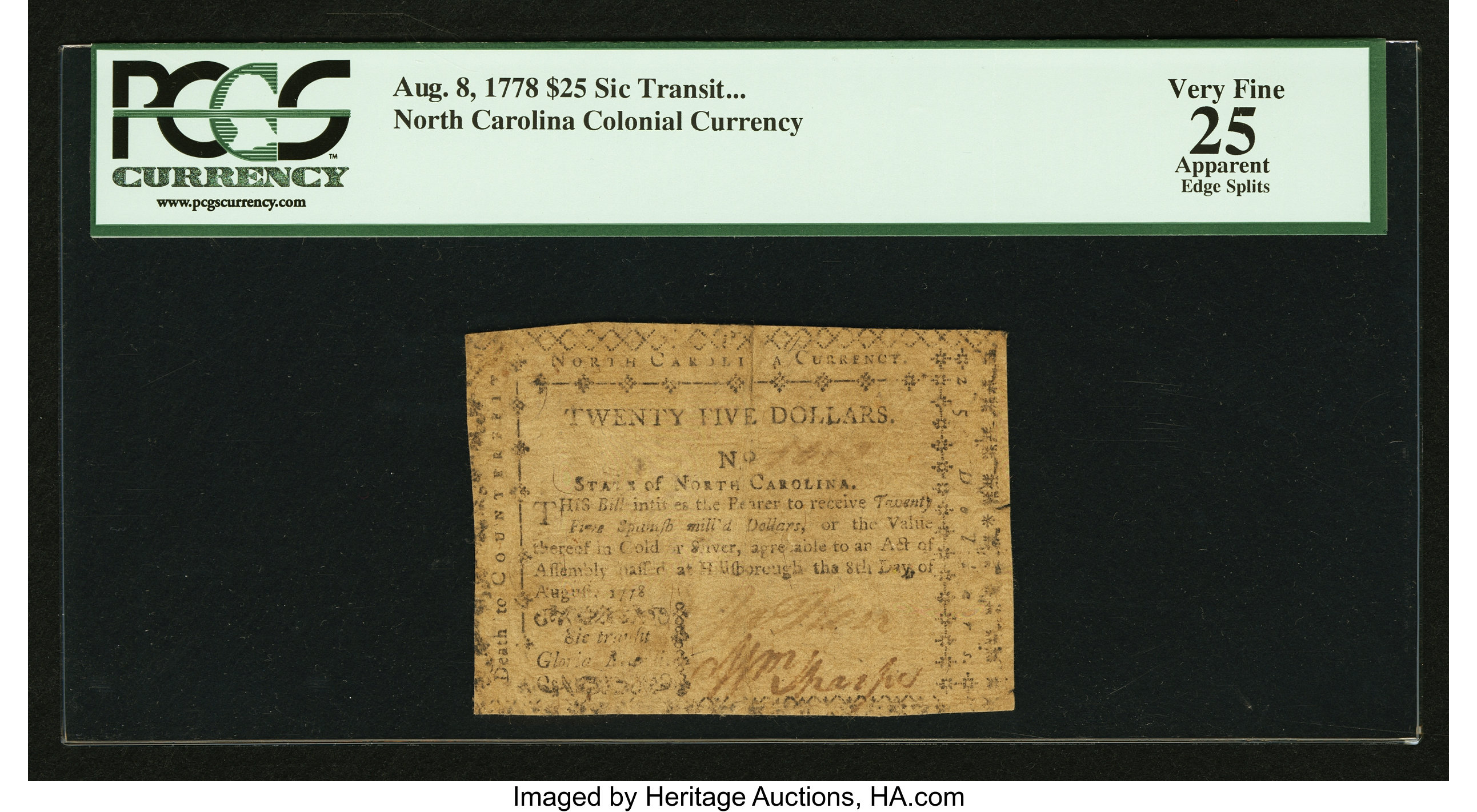 image for: North Carolina August 8, 1778 $25 Sic Transit Gloria Mundi PCGS Apparent Very Fine 25....