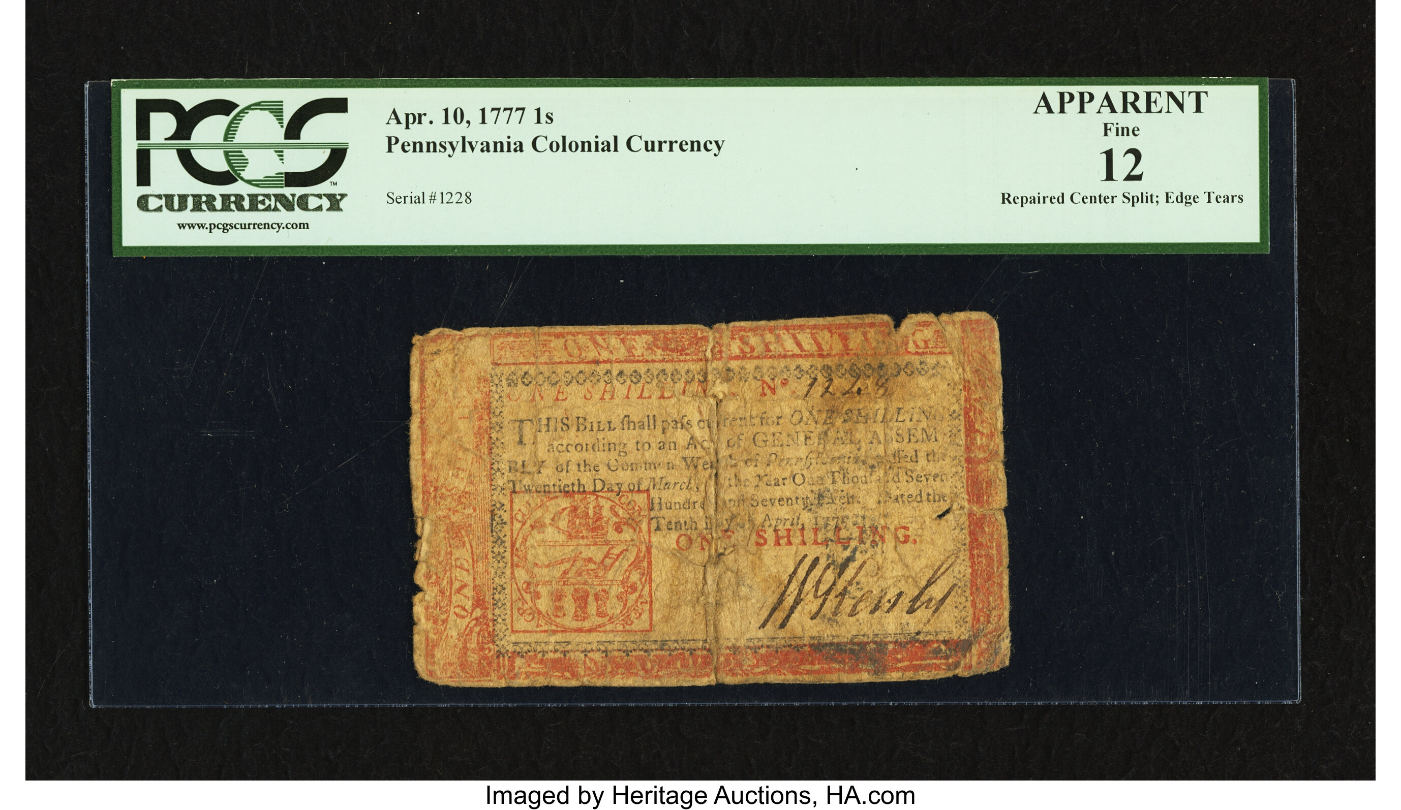 image for: Pennsylvania April 10, 1777 1s PCGS Apparent Fine 12....