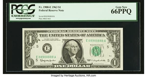 image for: Fancy Serial Number 88988888 Fr. 1900-E $1 1963 Federal Reserve Note. PCGS Gem New 66PPQ....