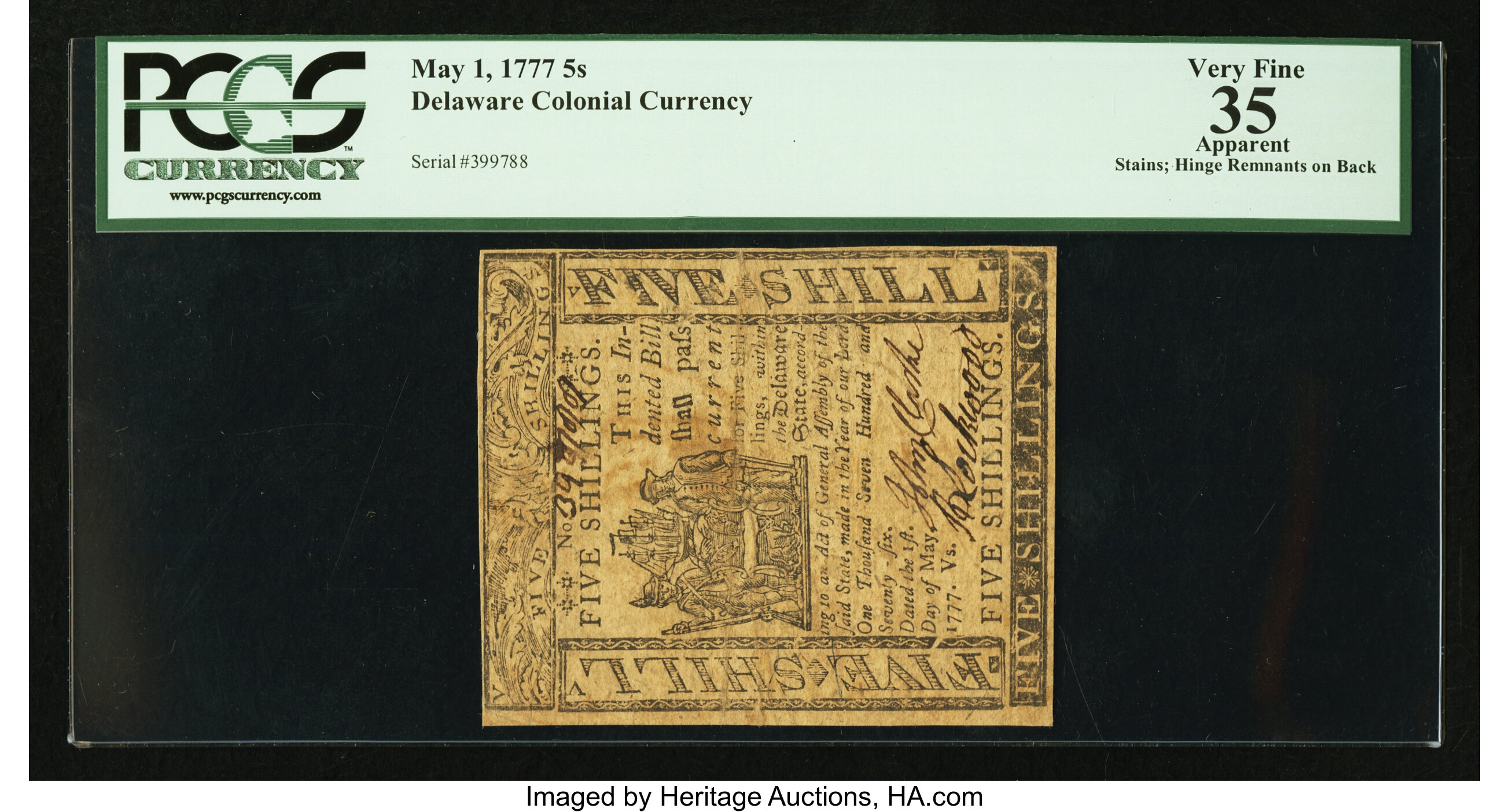 image for: Delaware May 1, 1777 5s PCGS Apparent Very Fine 35....