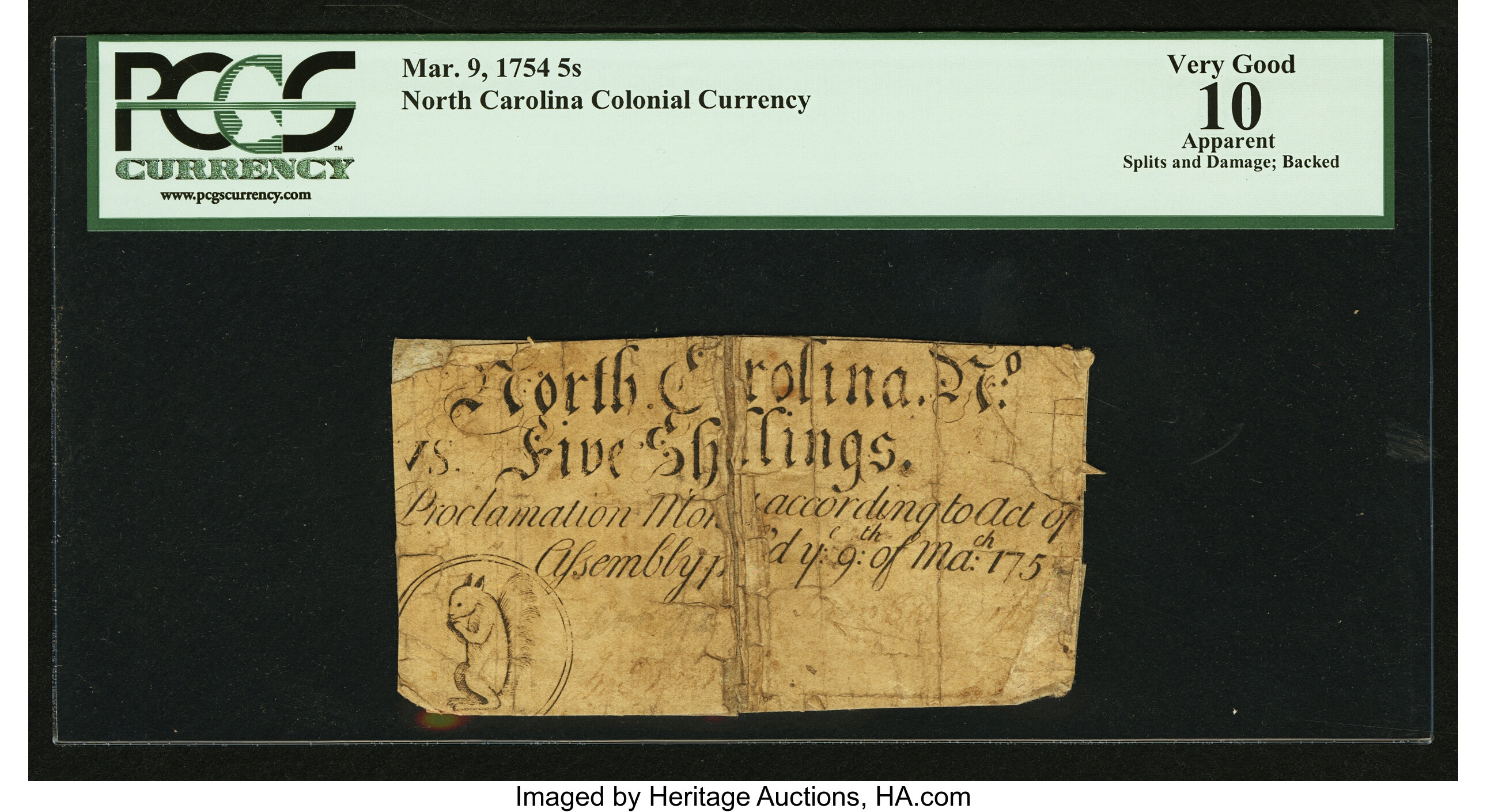 image for: North Carolina March 9, 1754 5s PCGS Apparent Very Good 10....