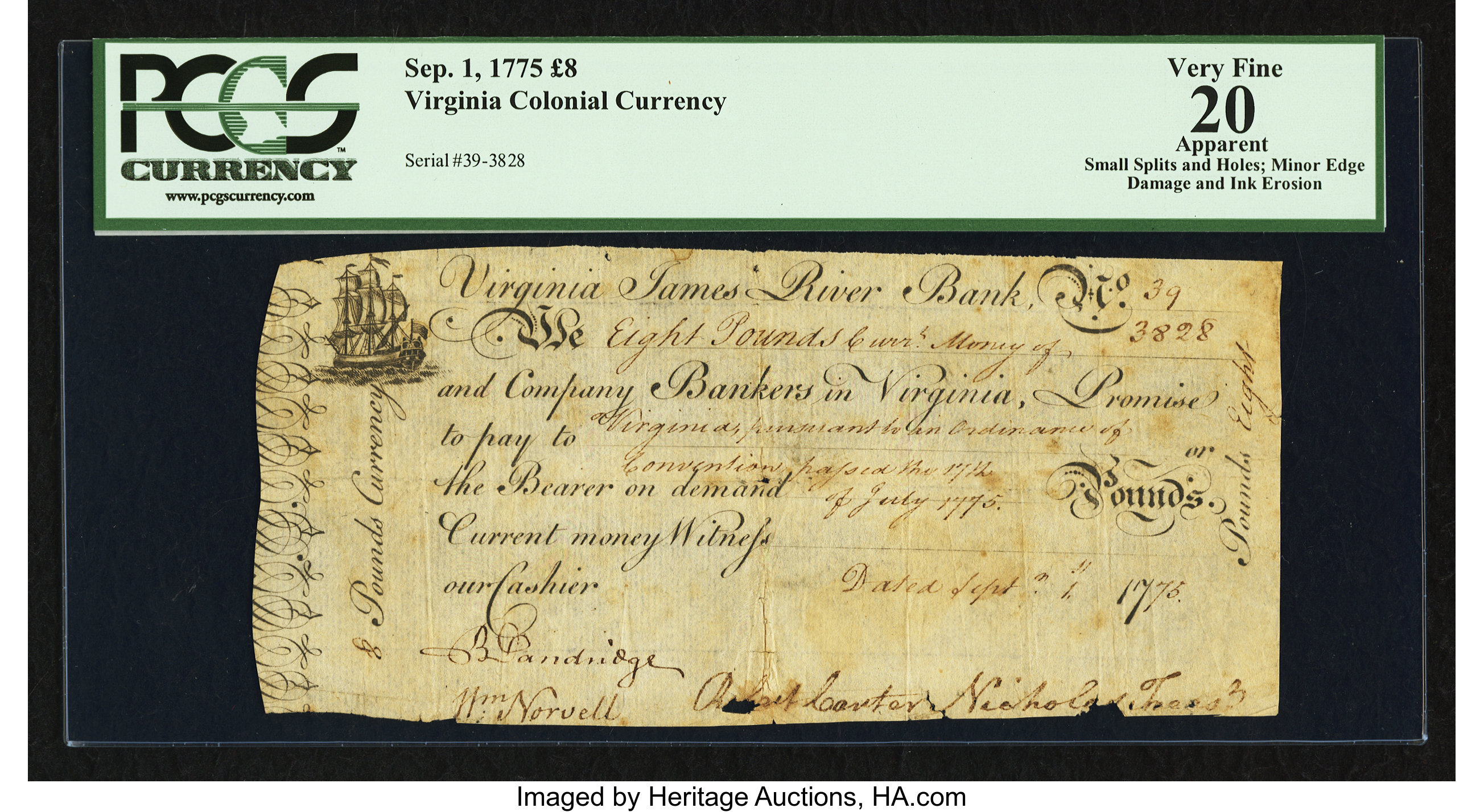 image for: Virginia September 1, 1775 £8 PCGS Apparent Very Fine 20....
