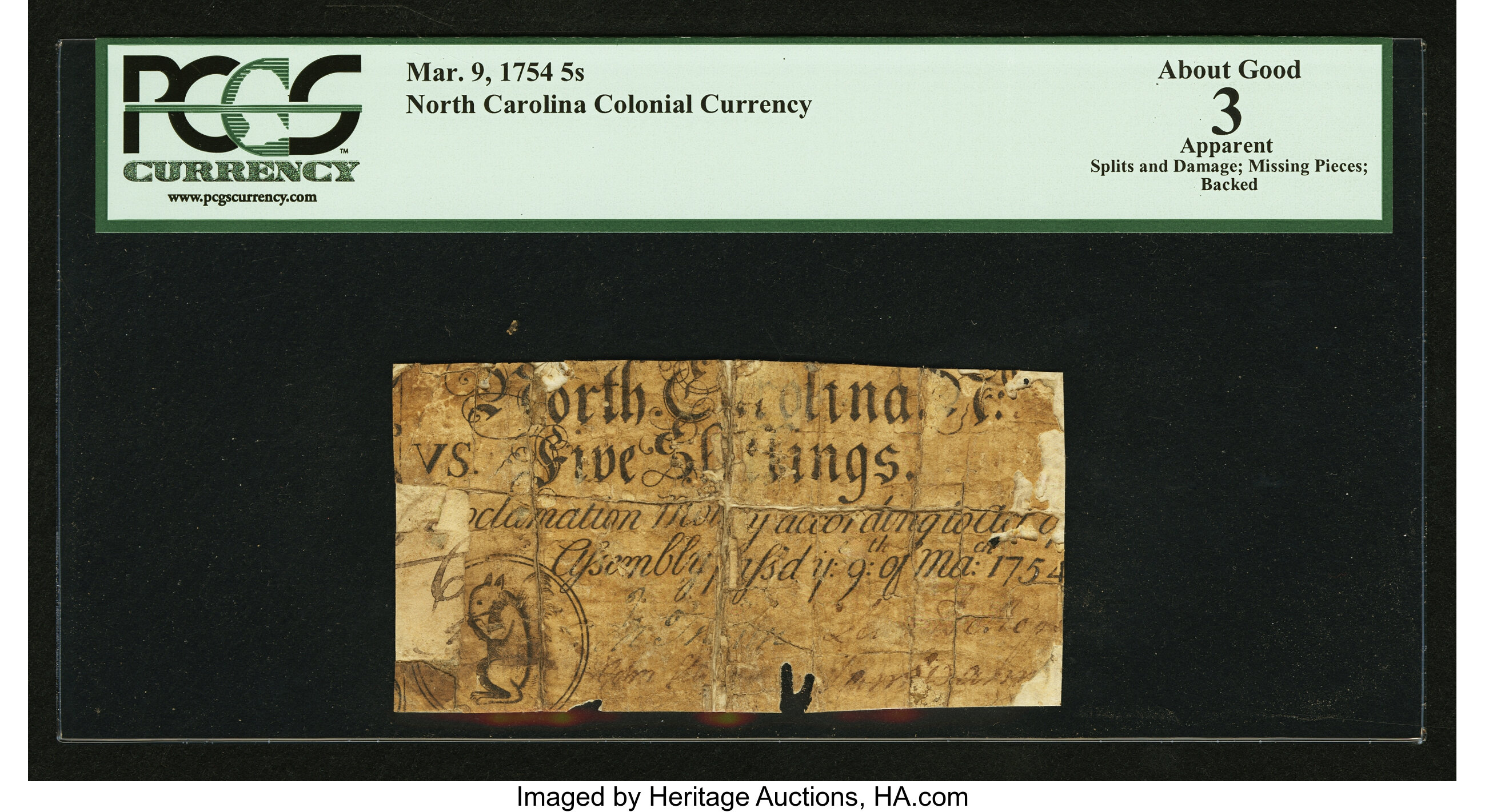 image for: North Carolina March 9, 1754 5s PCGS Apparent About Good 03....