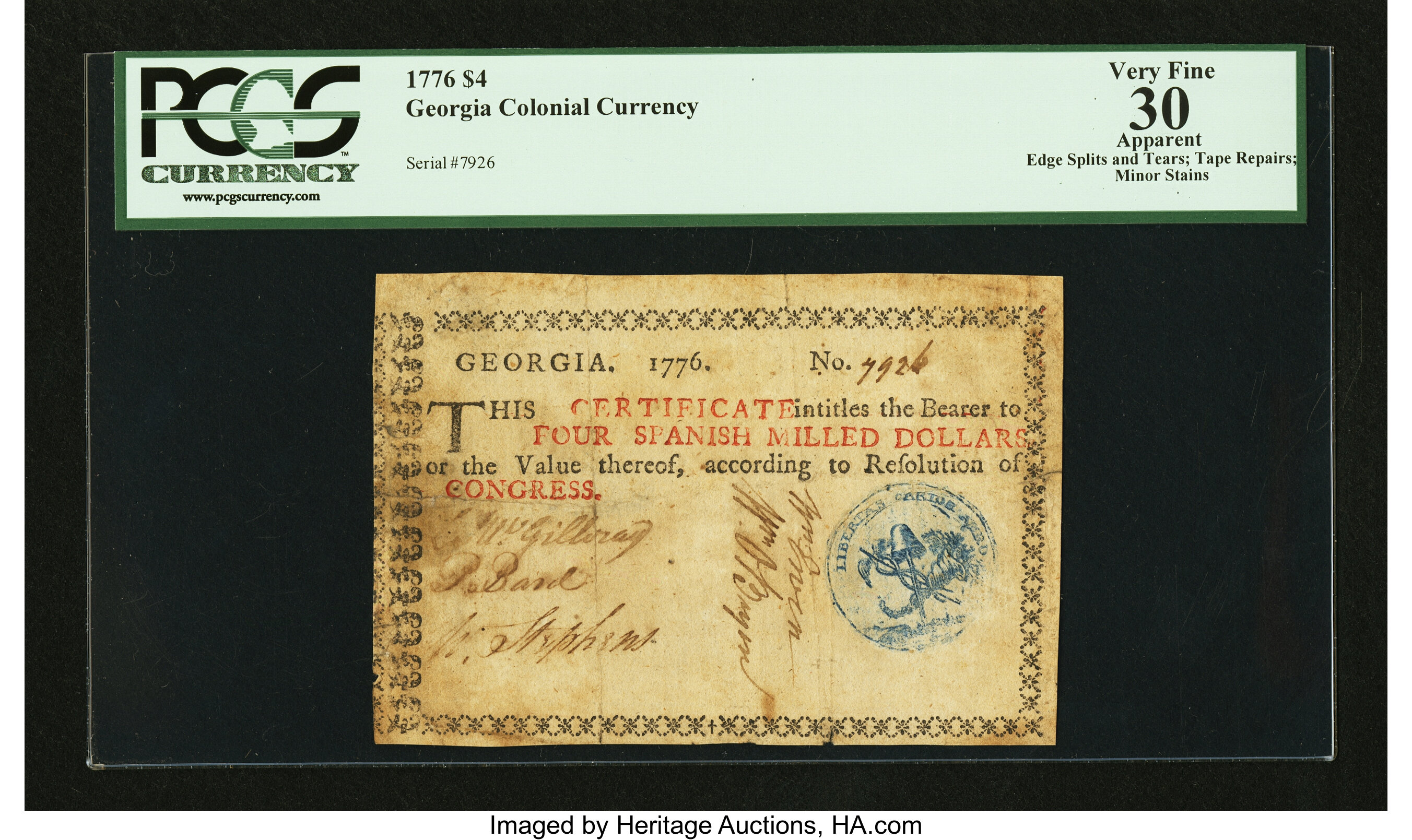 image for: Georgia 1776 $4 PCGS Apparent Very Fine 30....
