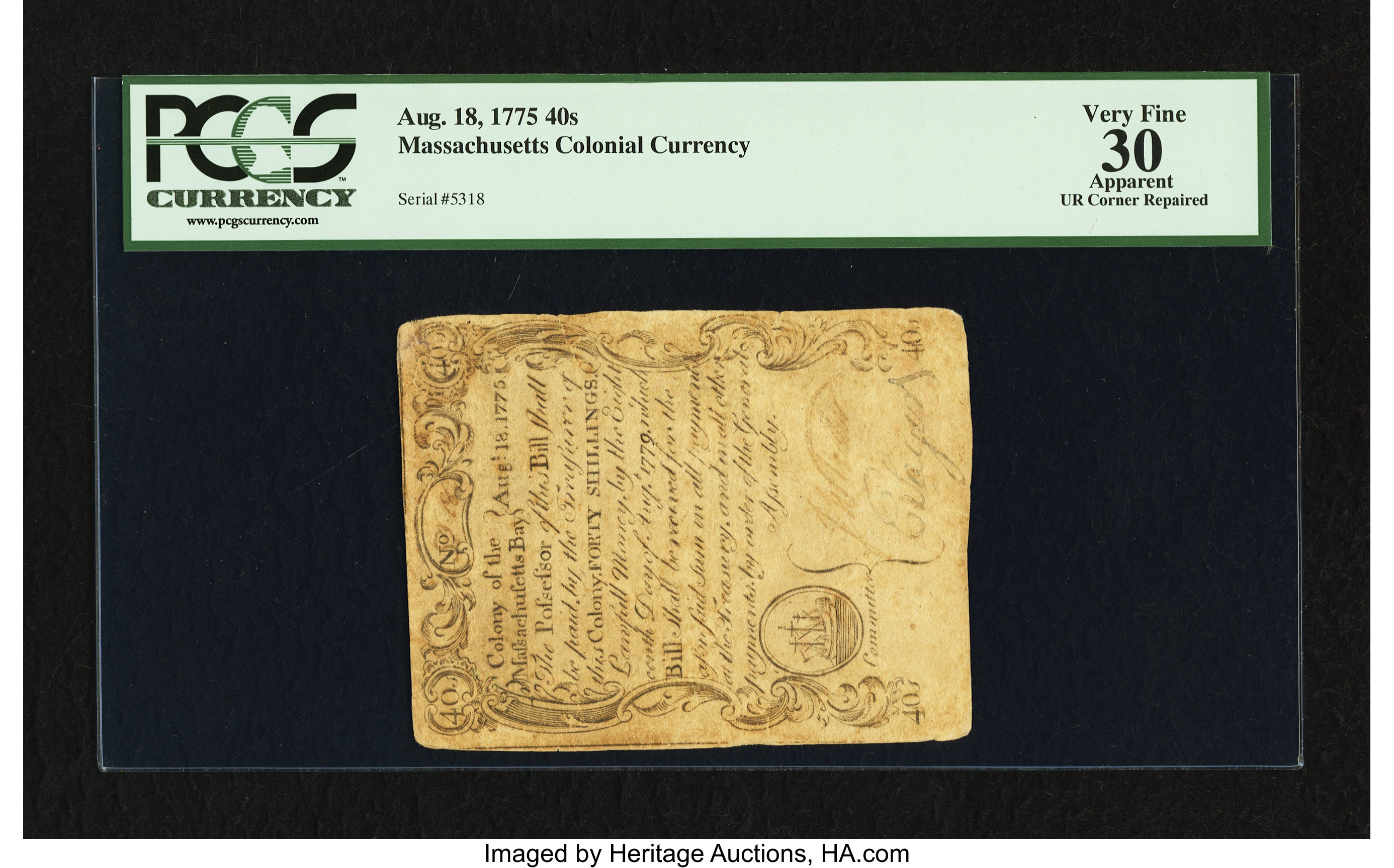 image for: Massachusetts August 18, 1775 40s PCGS Apparent Very Fine 30....