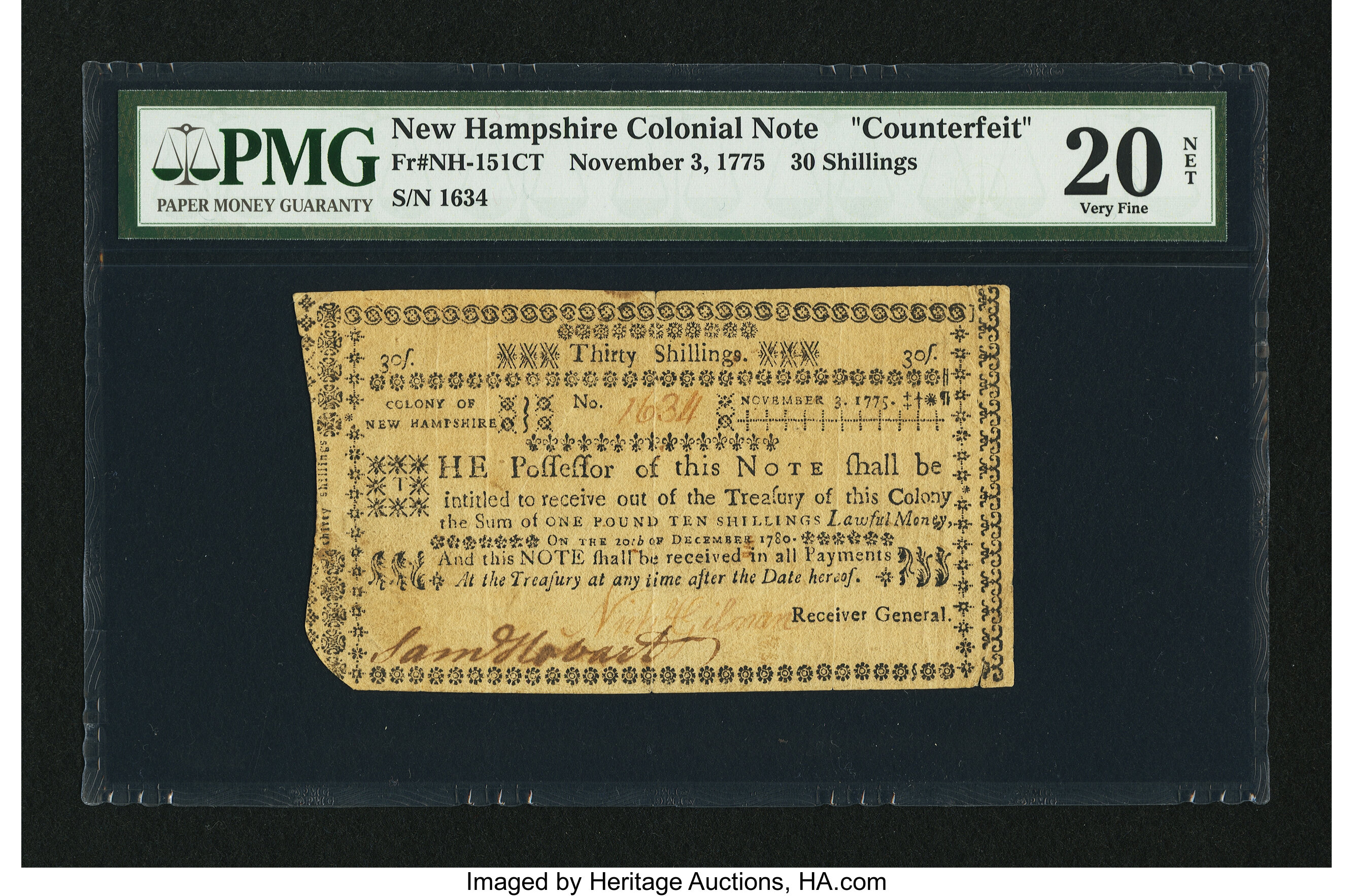 image for: New Hampshire November 3, 1775 30s Counterfeit PMG Very Fine 20 Net....