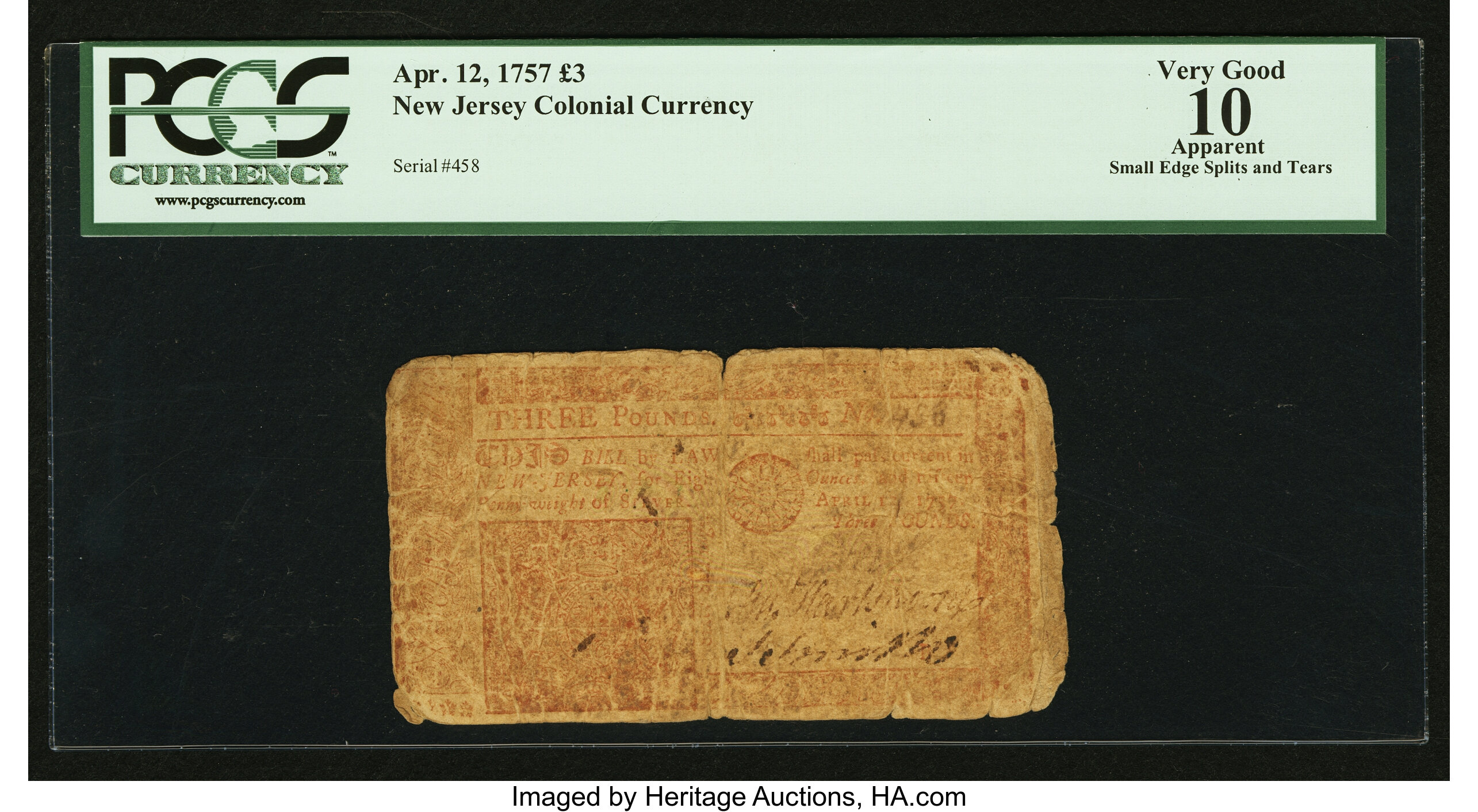 image for: New Jersey April 12, 1757 £3 PCGS Apparent Very Good 10....