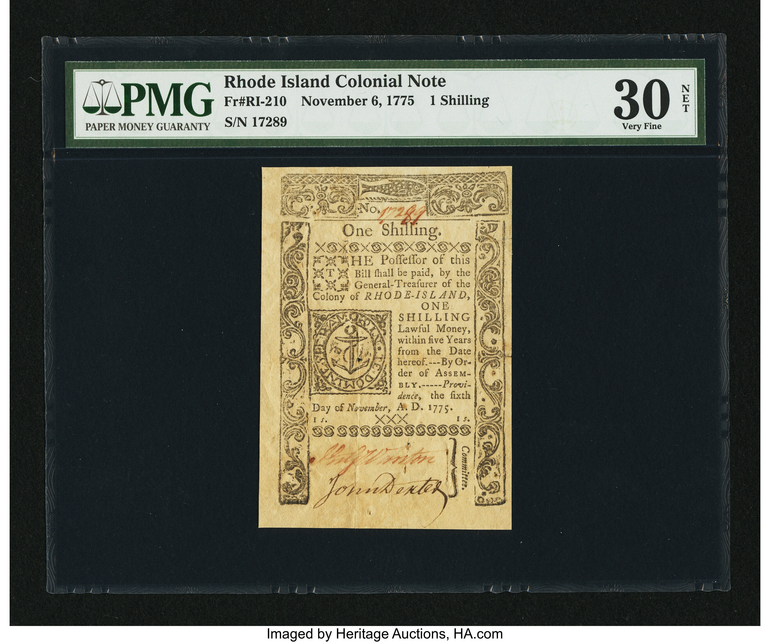 image for: Rhode Island November 6, 1775 1s PMG Very Fine 30 Net....