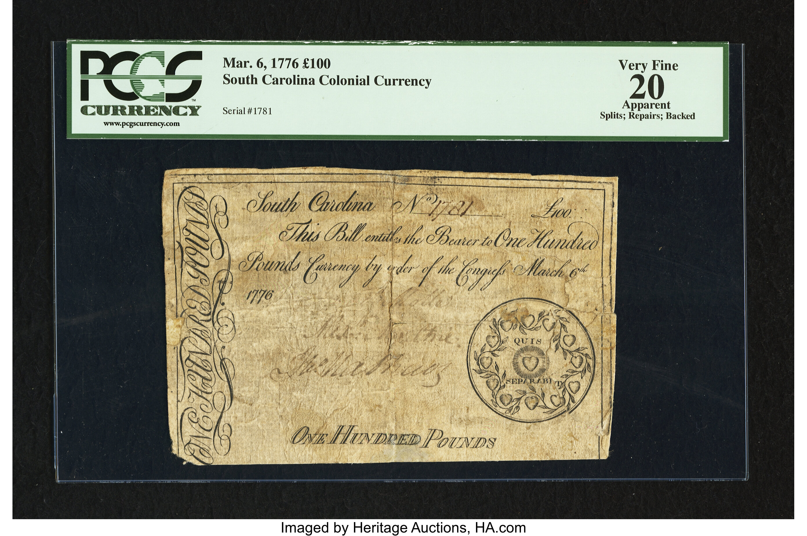 image for: South Carolina March 6, 1776 £100 PCGS Apparent Very Fine 20....