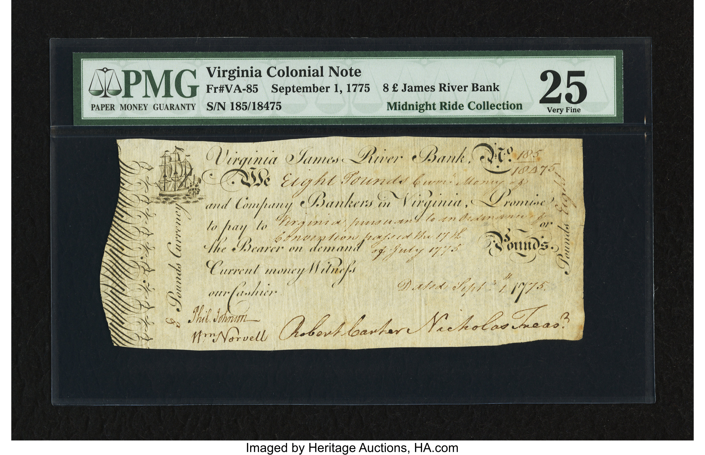 image for: Virginia September 1, 1775 £8 PMG Very Fine 25....