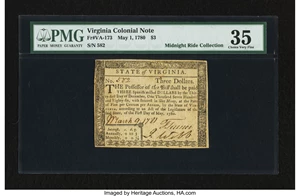 image for: Virginia May 1, 1780 $3 PMG Choice Very Fine 35....
