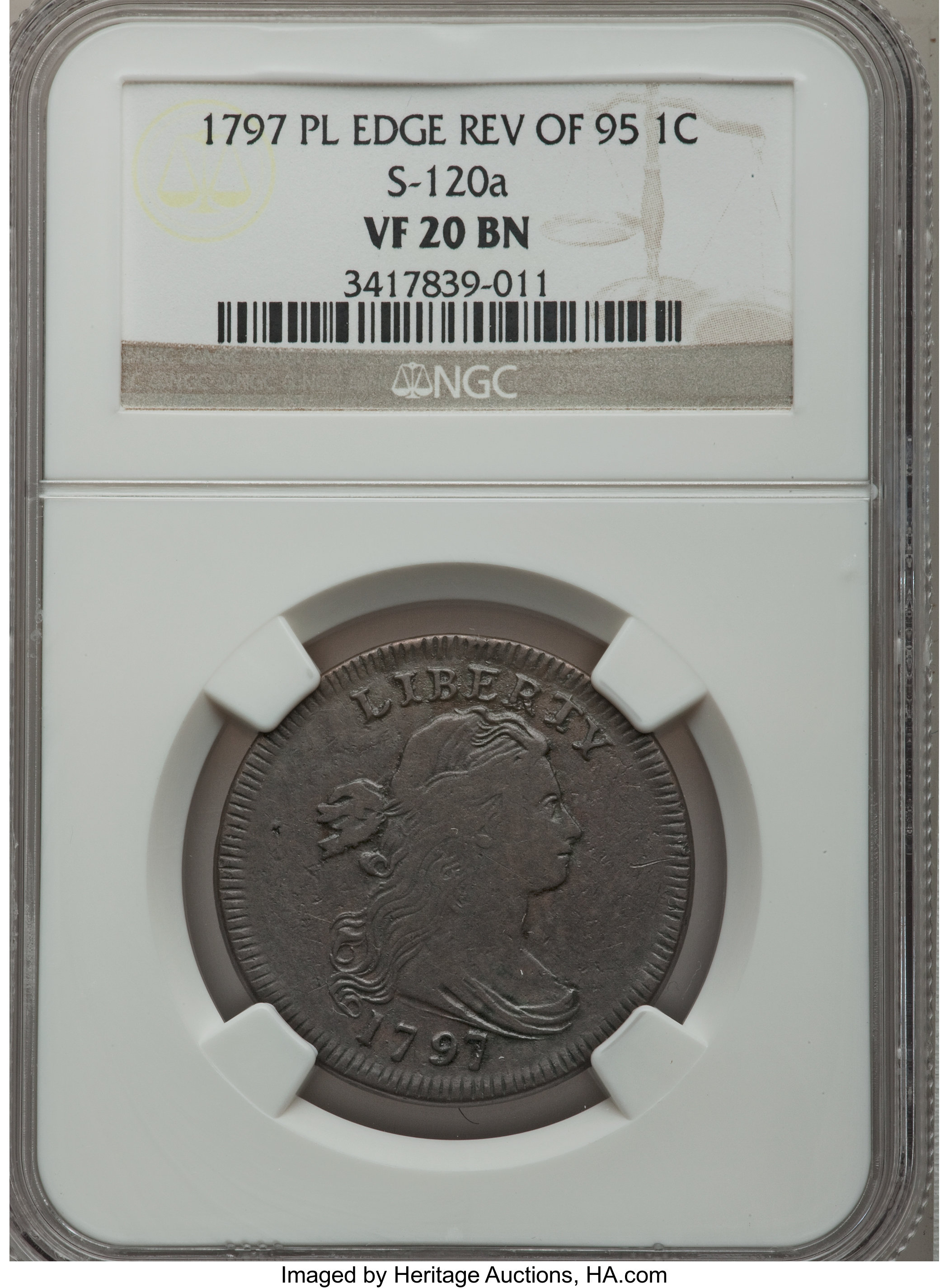 image for: 1797 1C Reverse of 1795, Plain Edge VF20 NGC. S-120a, B-2a, R.3....