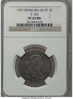 image for: 1797 1C Reverse of 1797, Stems VF25 NGC. S-126, B-16, R.3....
