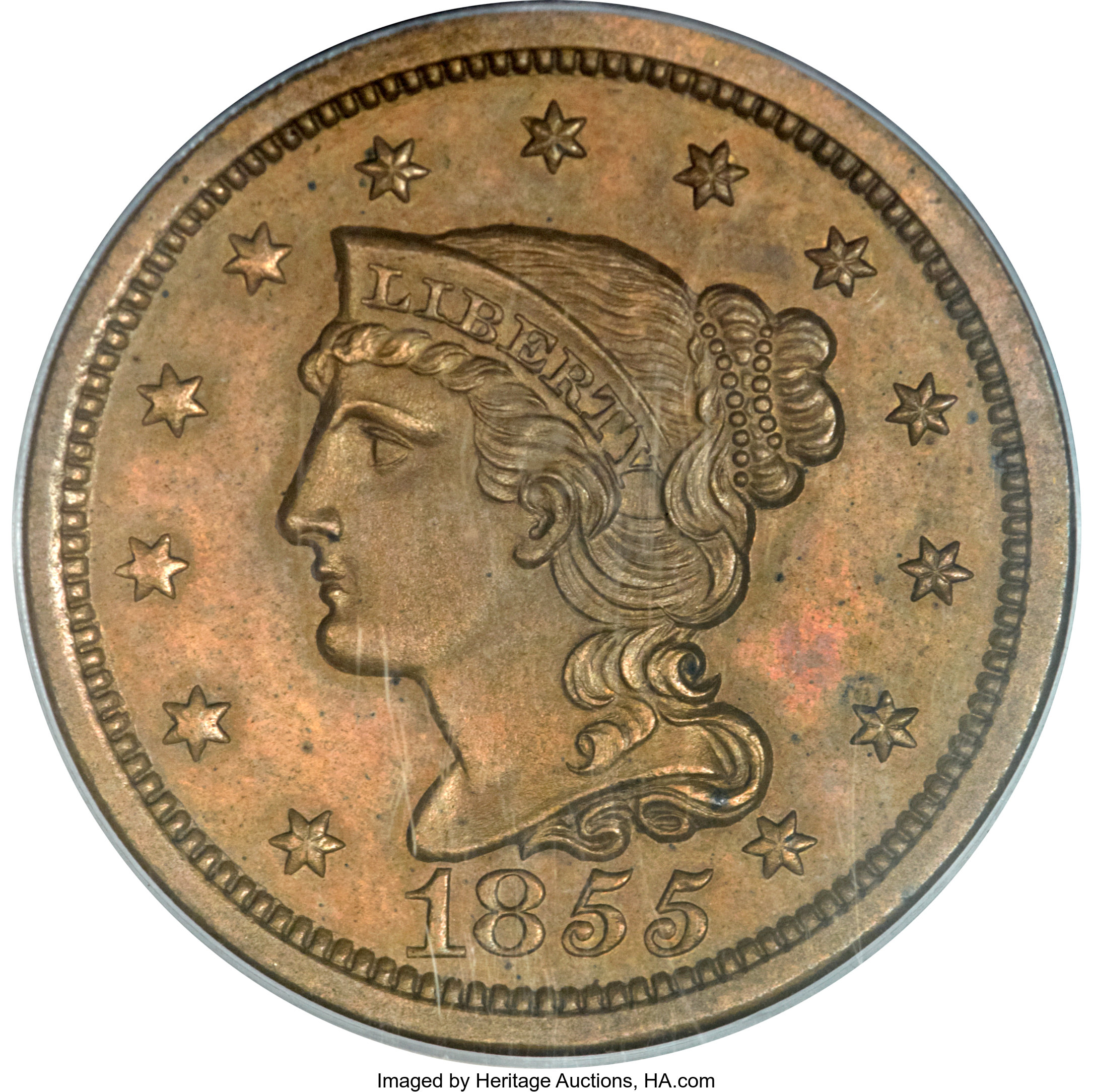 image for: 1855 1C Slanted 55 PR64 Brown PCGS. N-10, R.5 as a proof....