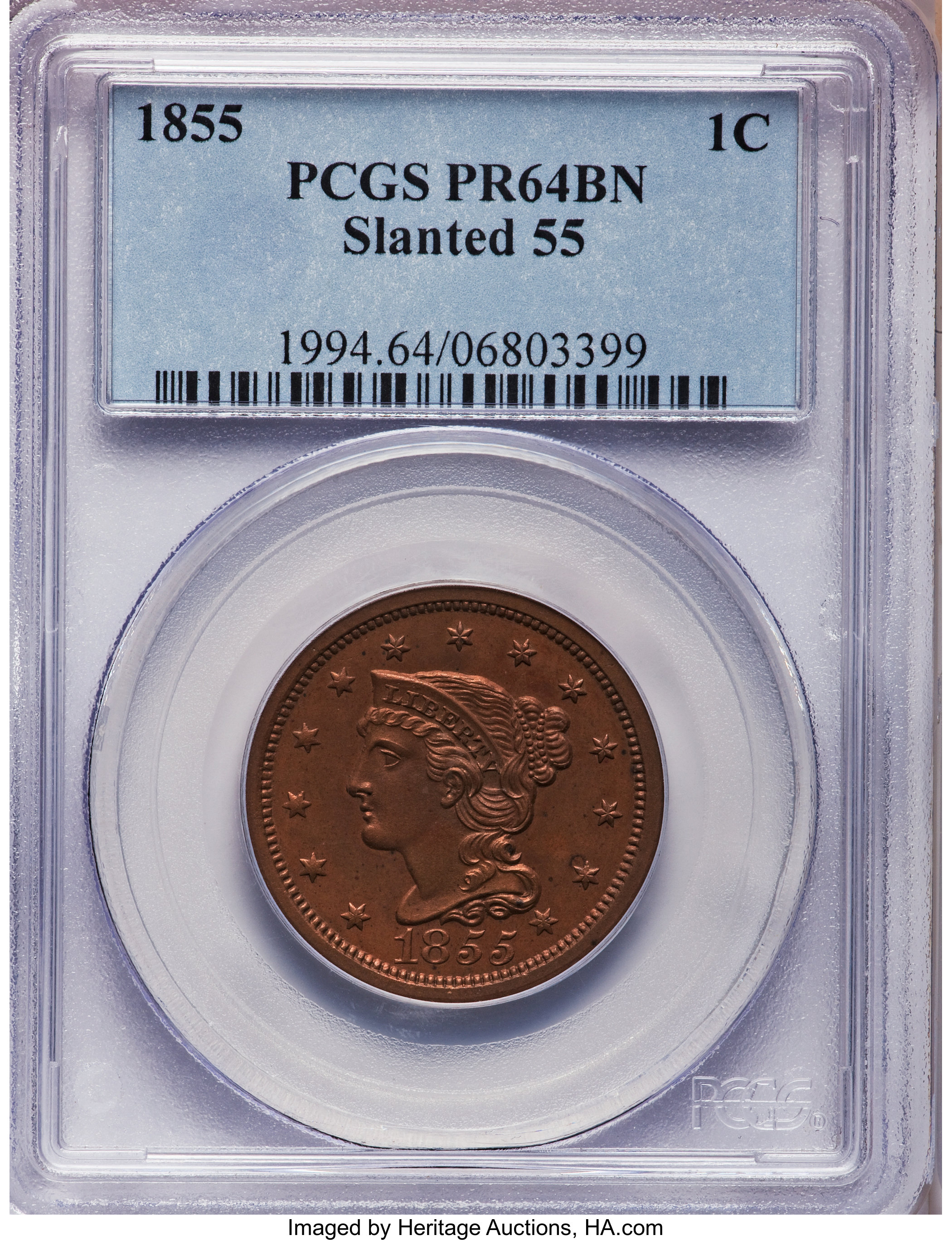 image for: 1855 1C Slanted 55 PR64 Brown PCGS. N-10, R.5 as a proof....