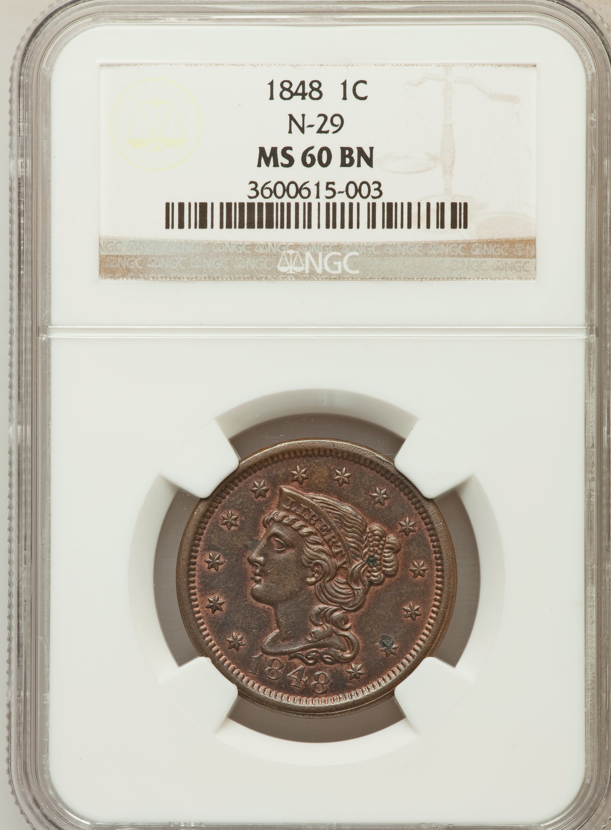 1848 1C MS60 Brown NGC. N-29. NGC Census: (2/340). PCGS Population (2/114). Mintage: 6,415,799. Numismedia Wsl. Price for ...