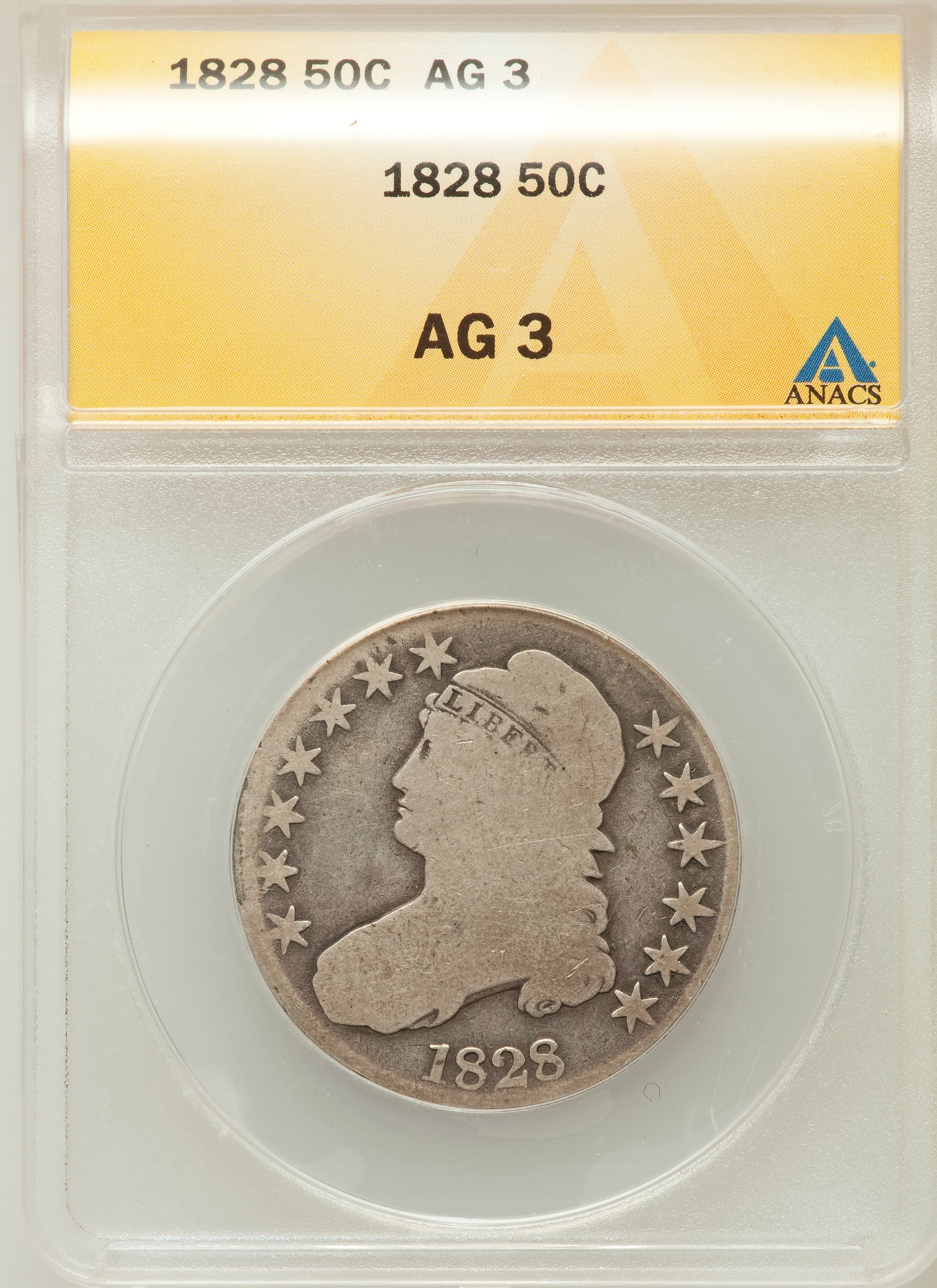 1828 50C Curl Base 2, No Knob AG3 ANACS. NGC Census: (0/825). PCGS Population (0/571). Mintage: 3,075,200. Numismedia Wsl. ...