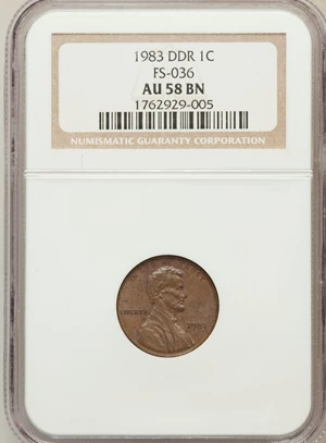 image for: 1983 1C Doubled Die Reverse AU58 NGC. FS-036. NGC Census: (11/23). PCGS Population (7/8). Numismedia Wsl. Price for proble...