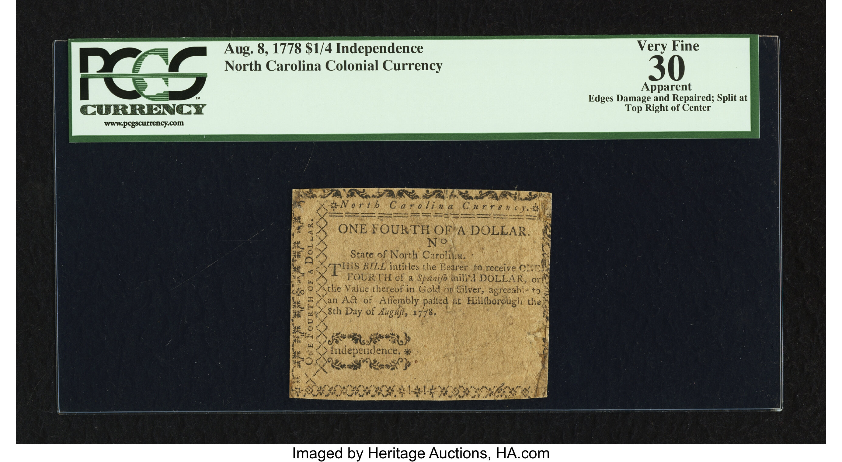 image for: North Carolina August 8, 1778 $1/4 Independence PCGS Apparent Very Fine 30....
