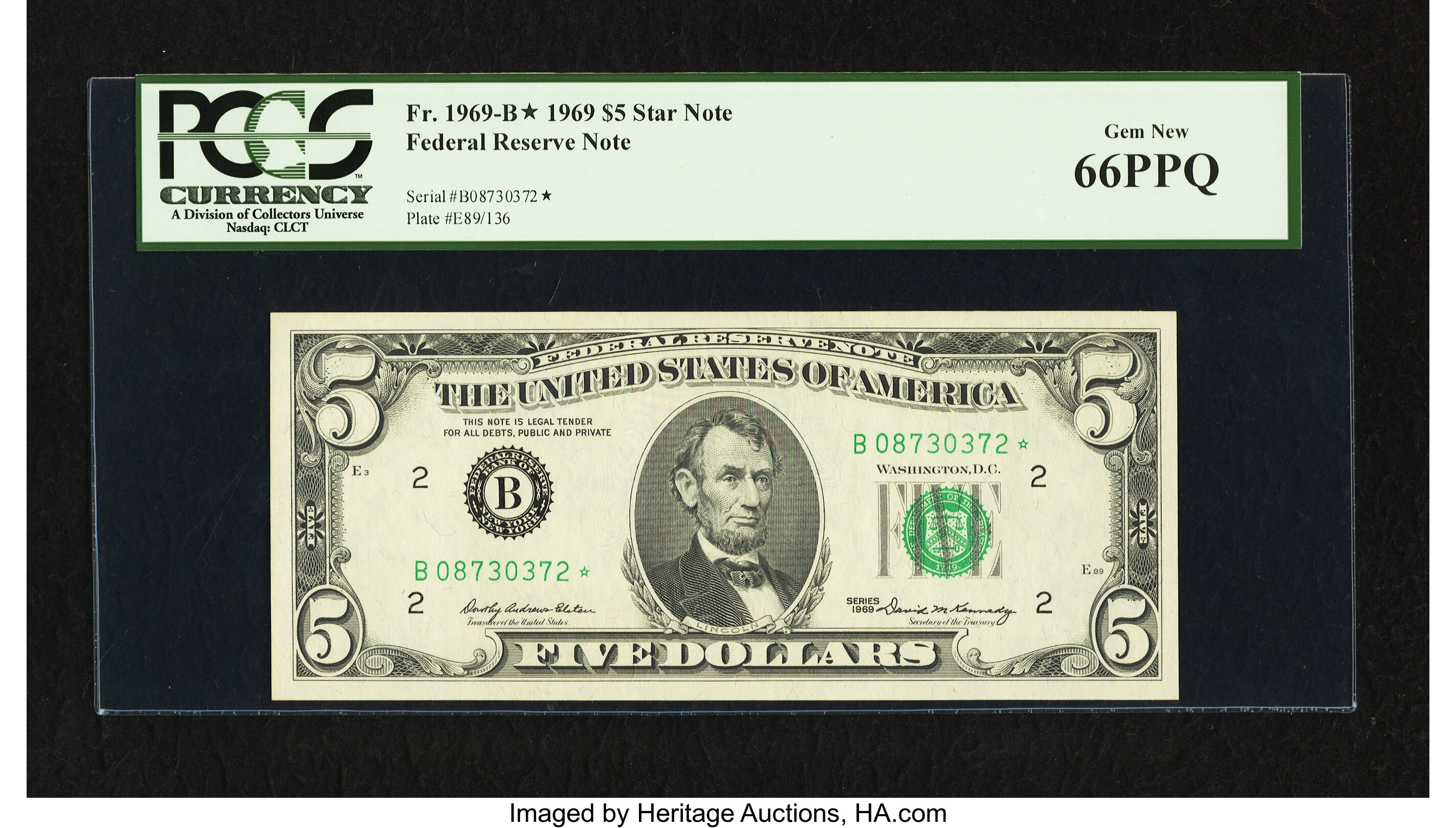 image for: Fr. 1969-B* $5 1969 Federal Reserve Note PCGS Gem New 66PPQ....