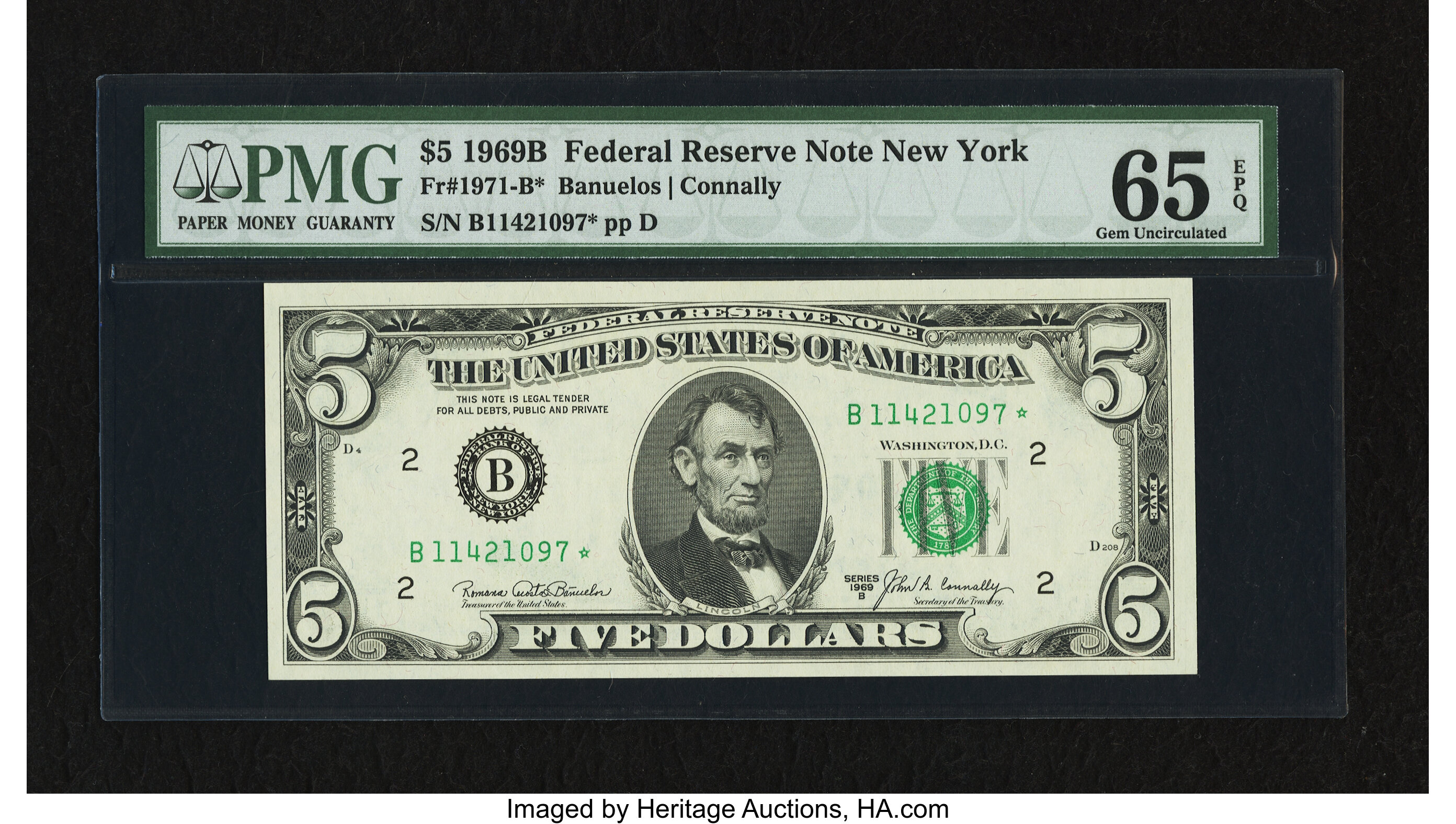 image for: Fr. 1971-B* $5 1969B Federal Reserve Note PMG Gem Uncirculated 65 EPQ....