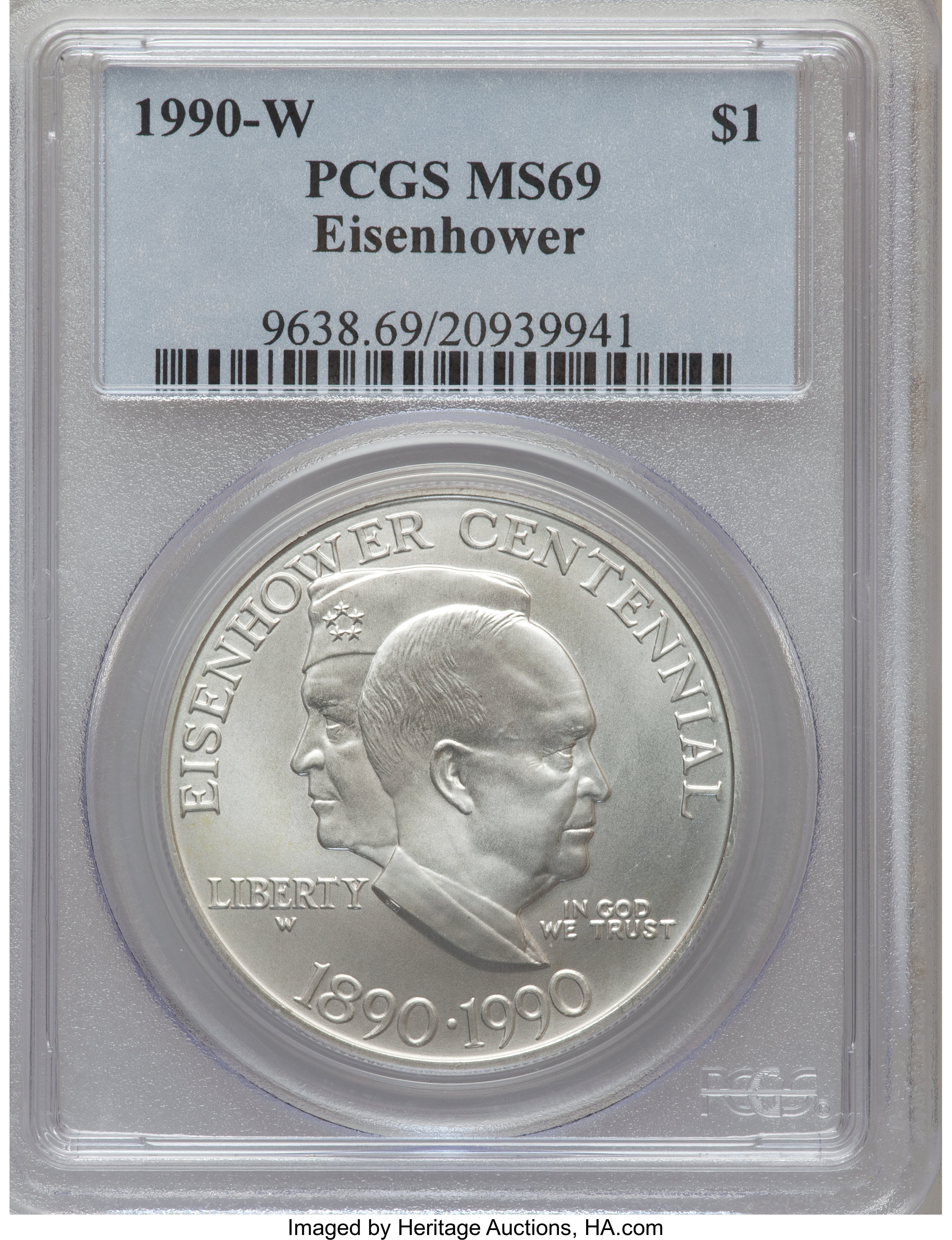 1990-W $1 Eisenhower Silver Dollar MS69 PCGS. PCGS Population (2083/109). NGC Census: (1728/150). Mintage: 241,669. Numisme...