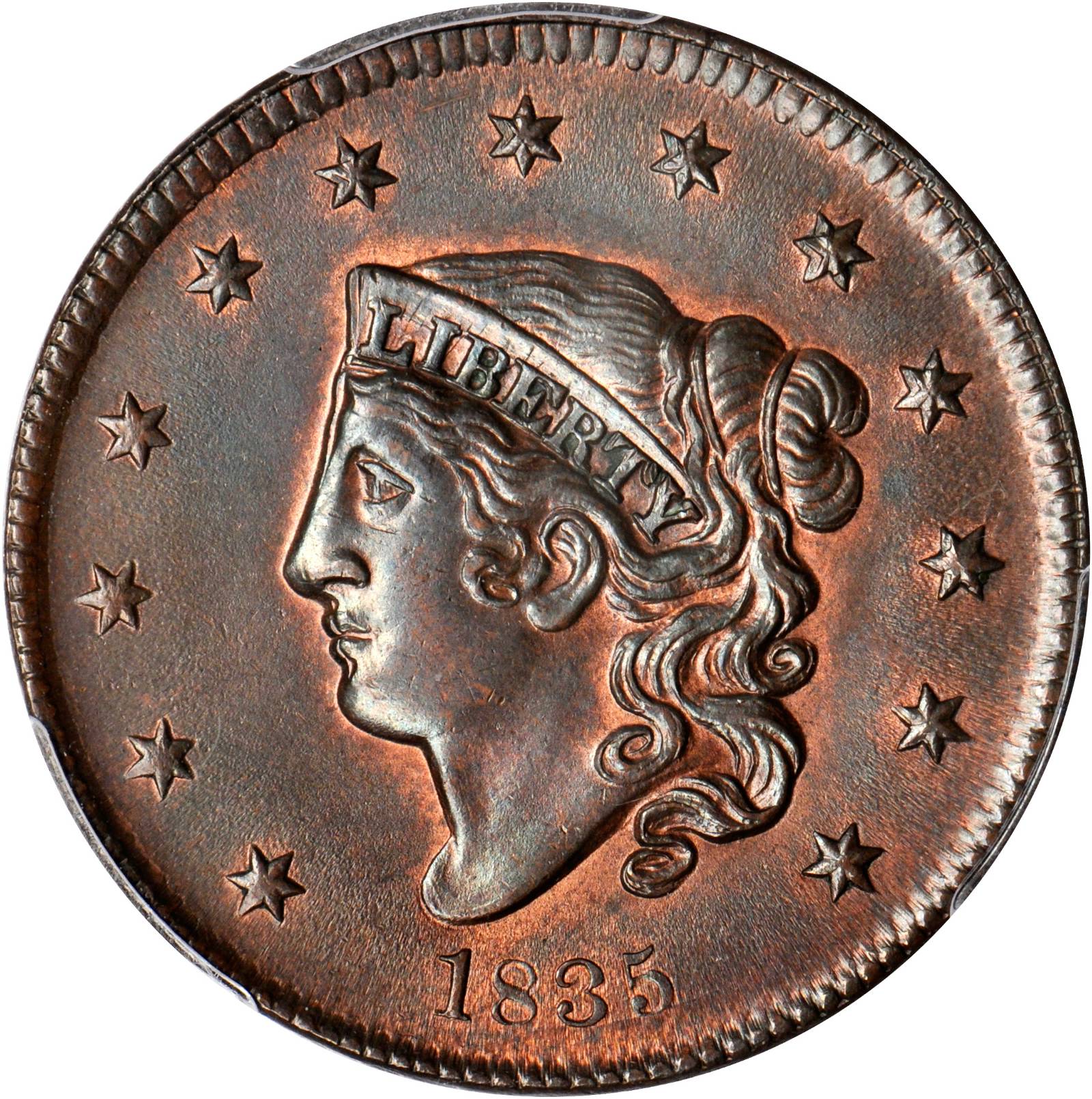 image for: 1835 Matron Head Cent. N-6. Rarity-1. Small 8 and Stars. MS-62 BN (PCGS).